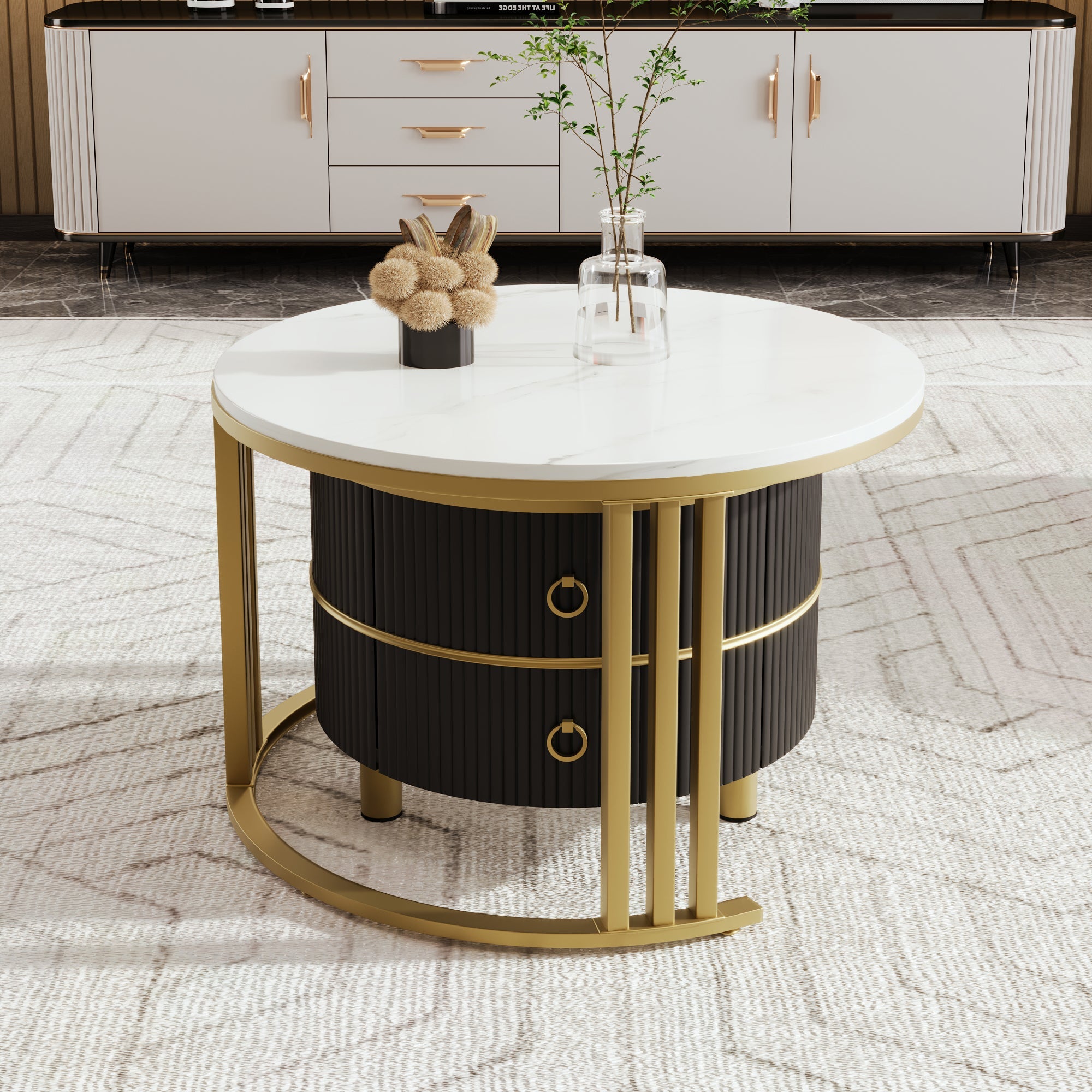 Logidon 2in1 Ronde MDF Salontafel Zwart Hoogglans Marmeren Blad 70x70