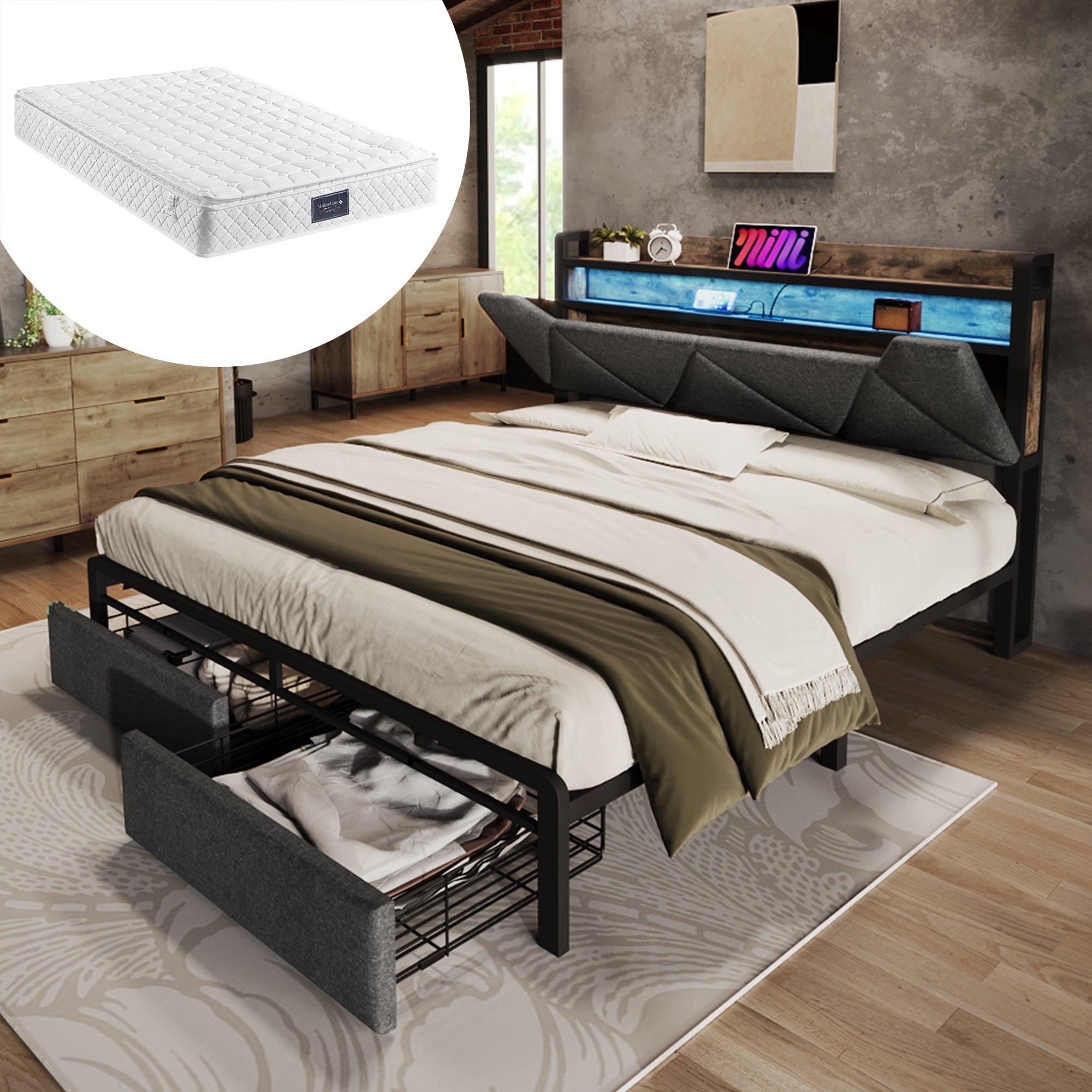 Logidon Upholstered Bed 140x200 USB Type C Charging Function and Storage Space Gray