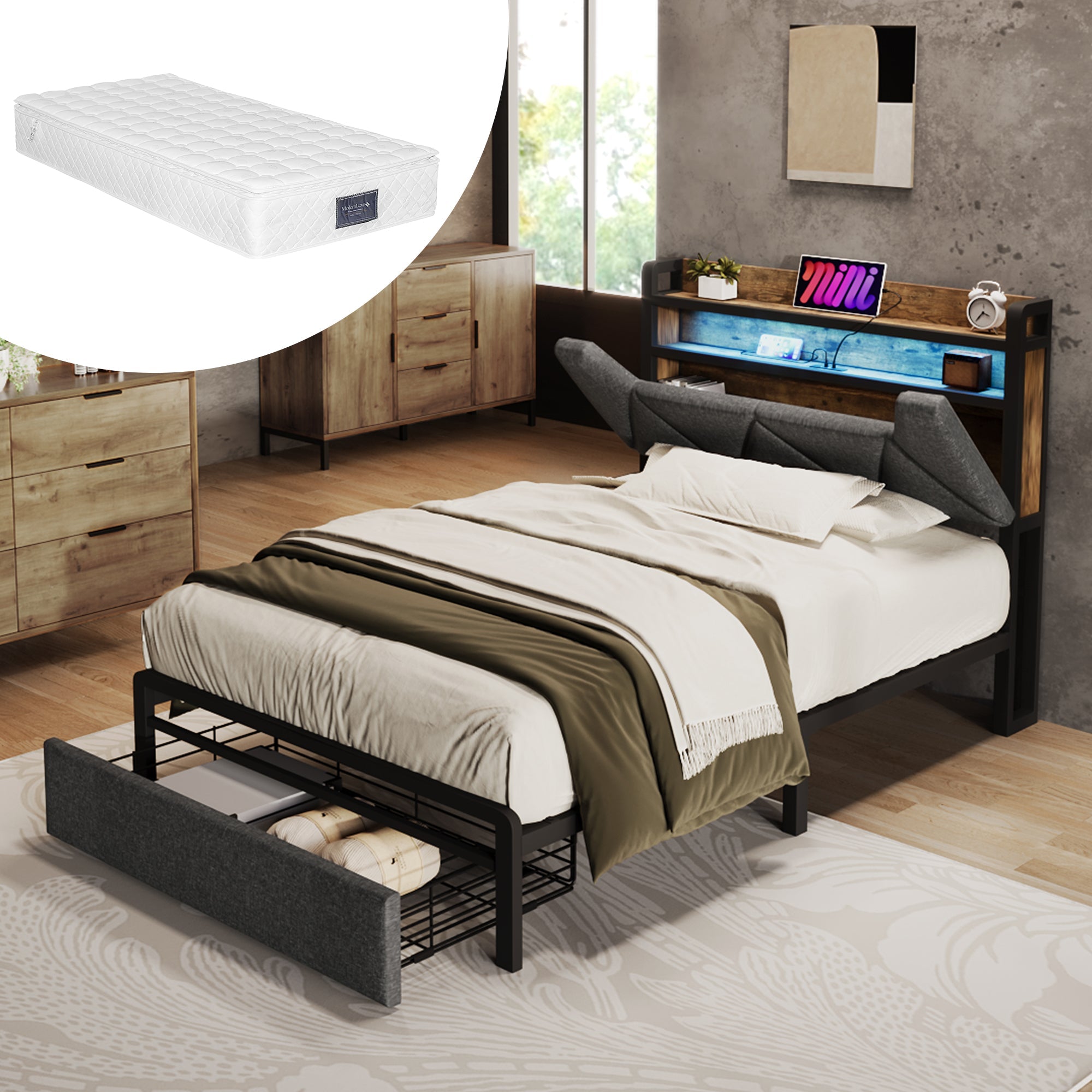 Logidon gestoffeerd bed USB oplaadfunctie opbergruimte hoofdbord LED grijs 90x200
