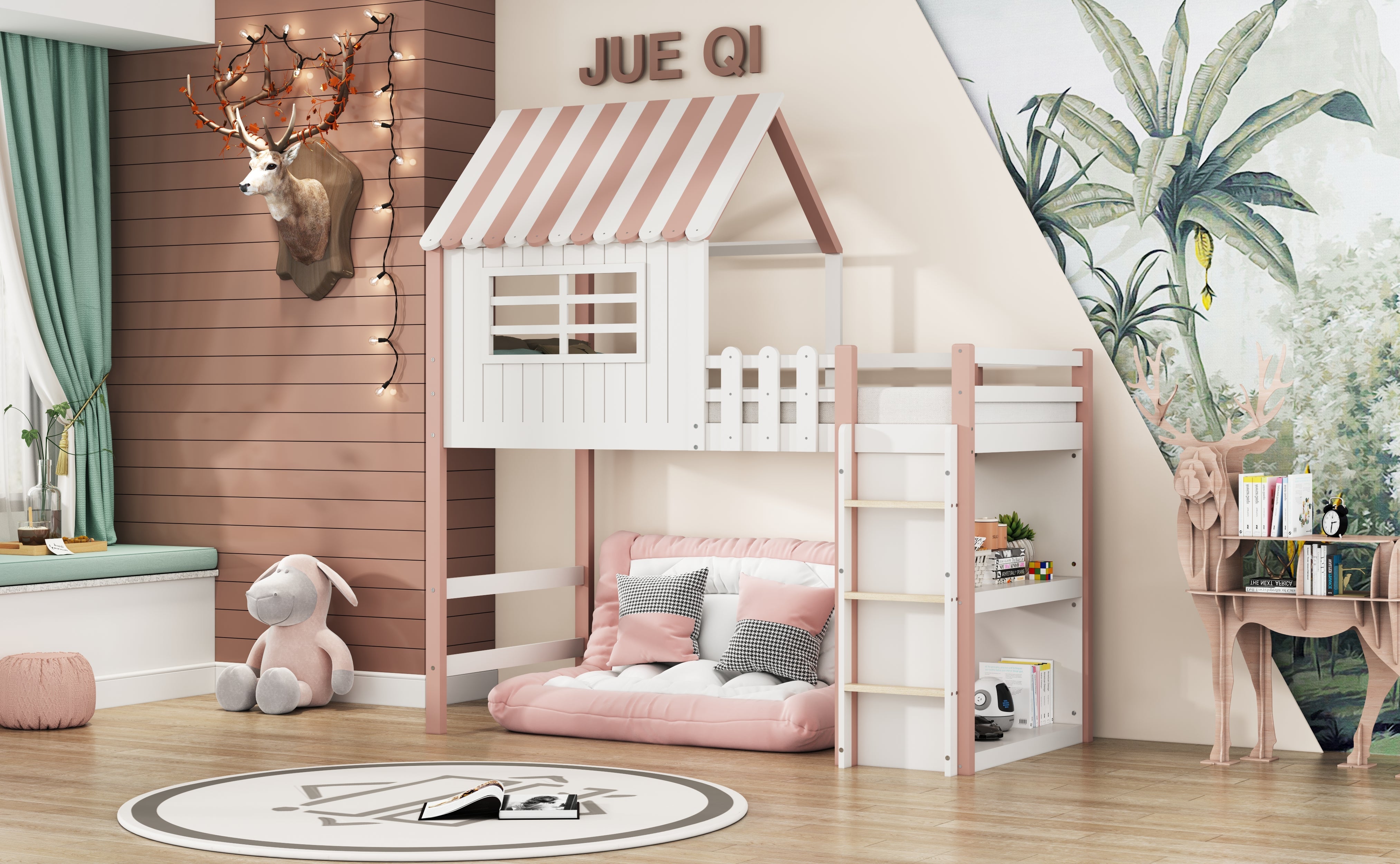Logidon Kinderbed 90x200 cm Hoog en Laag Roze Huisvorm