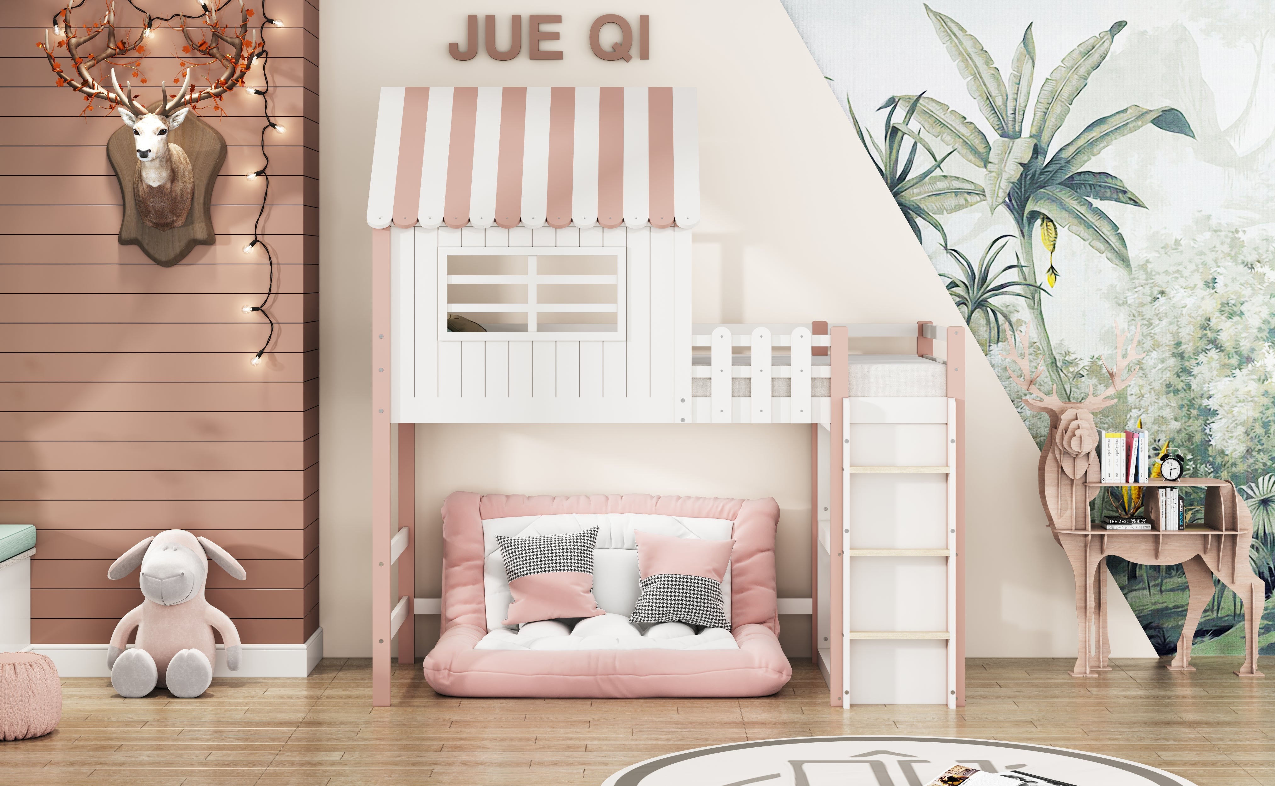 Logidon Kinderbed 90x200 cm Hoog en Laag Roze Huisvorm