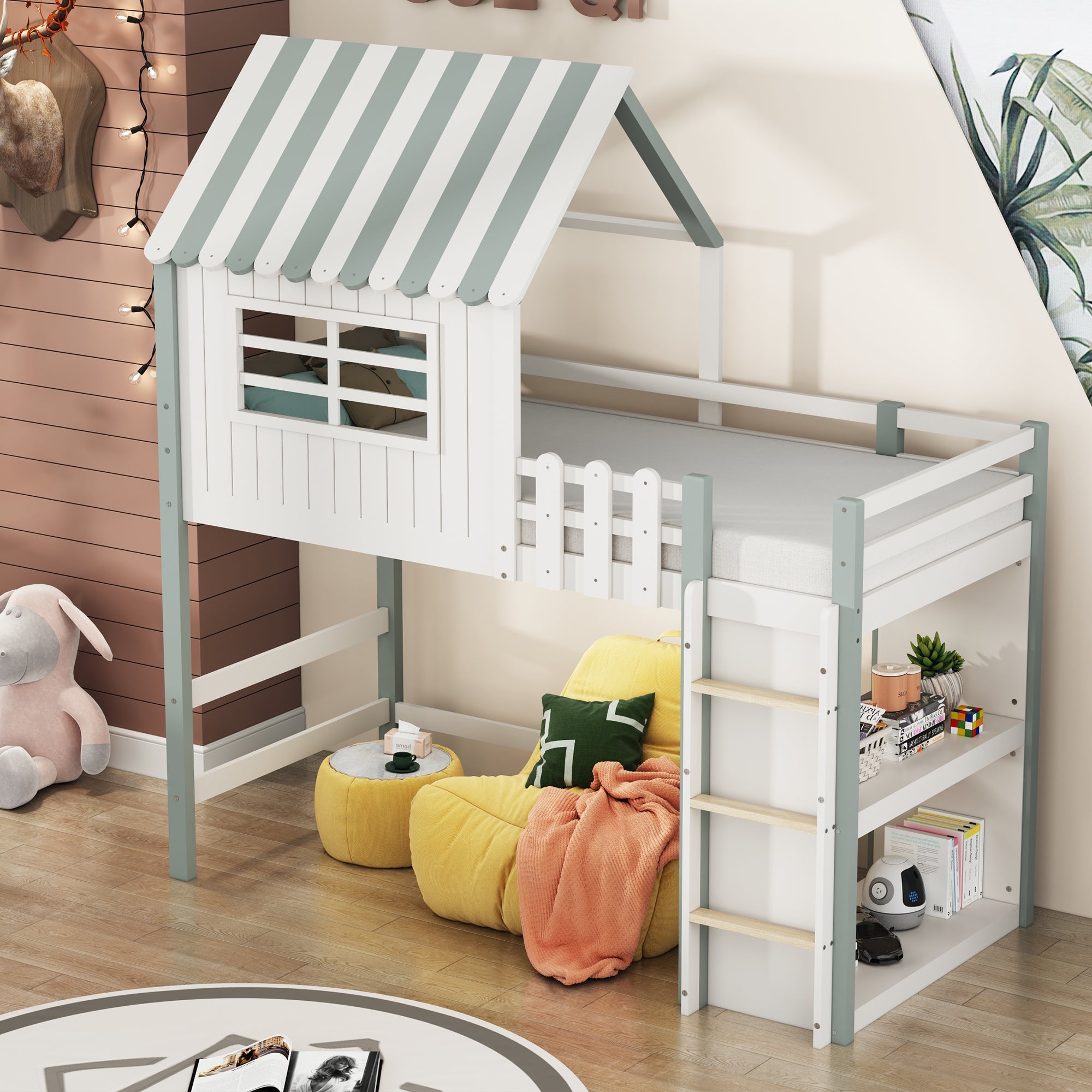 Logidon kinderbed 90x200 cm hoog-laag huisbed met veiligheidsladder groen