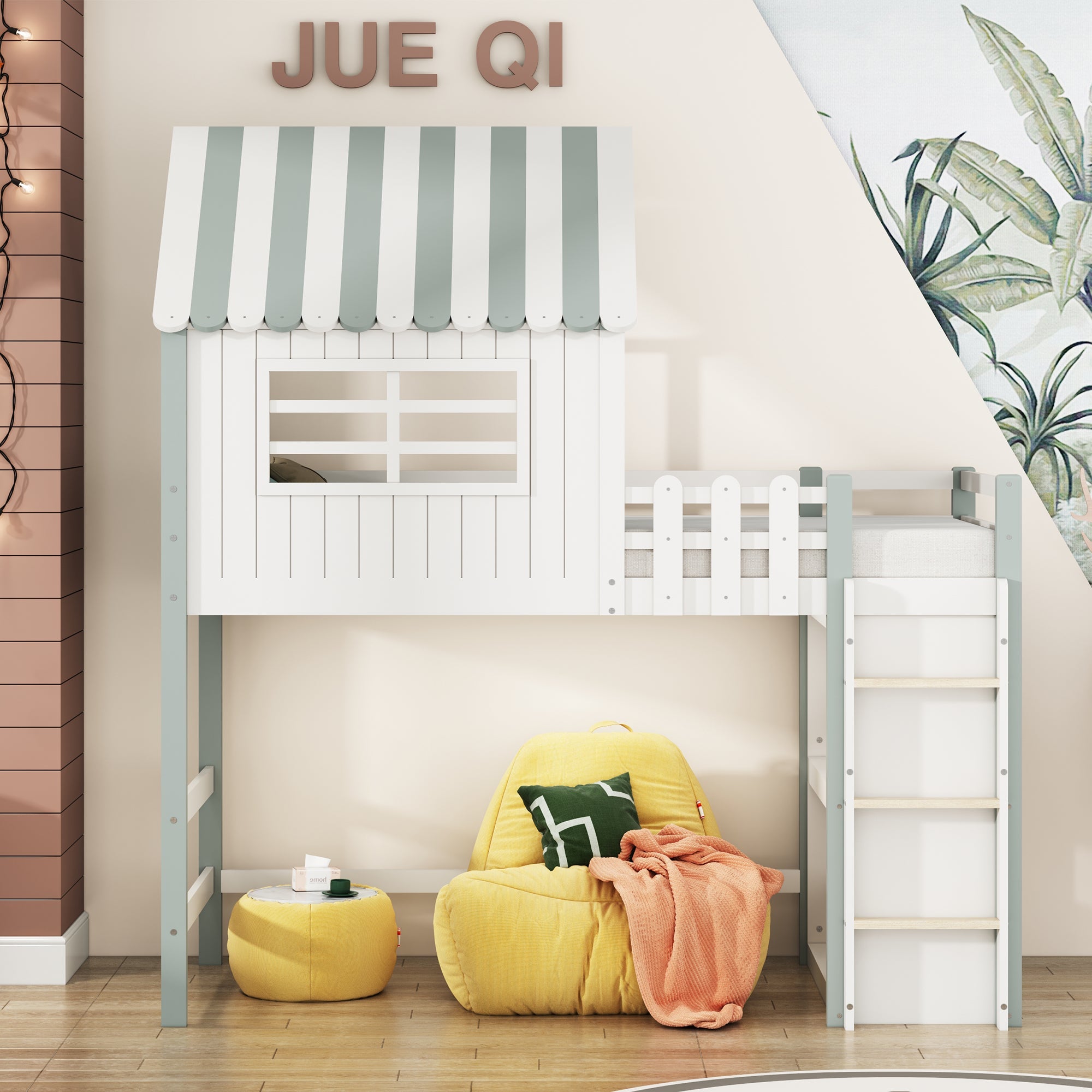 Logidon kinderbed 90x200 cm hoog-laag huisbed met veiligheidsladder groen