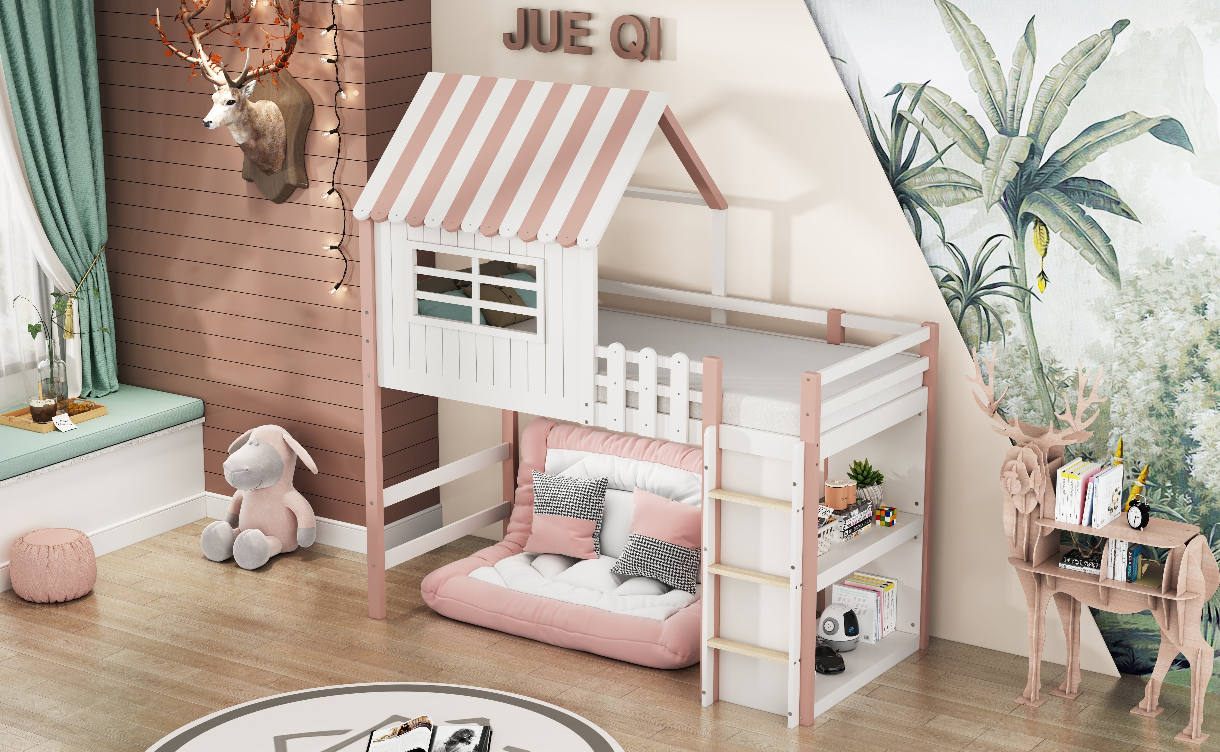 Logidon Kinderbed 90x200 cm Hoog en Laag Roze Huisvorm