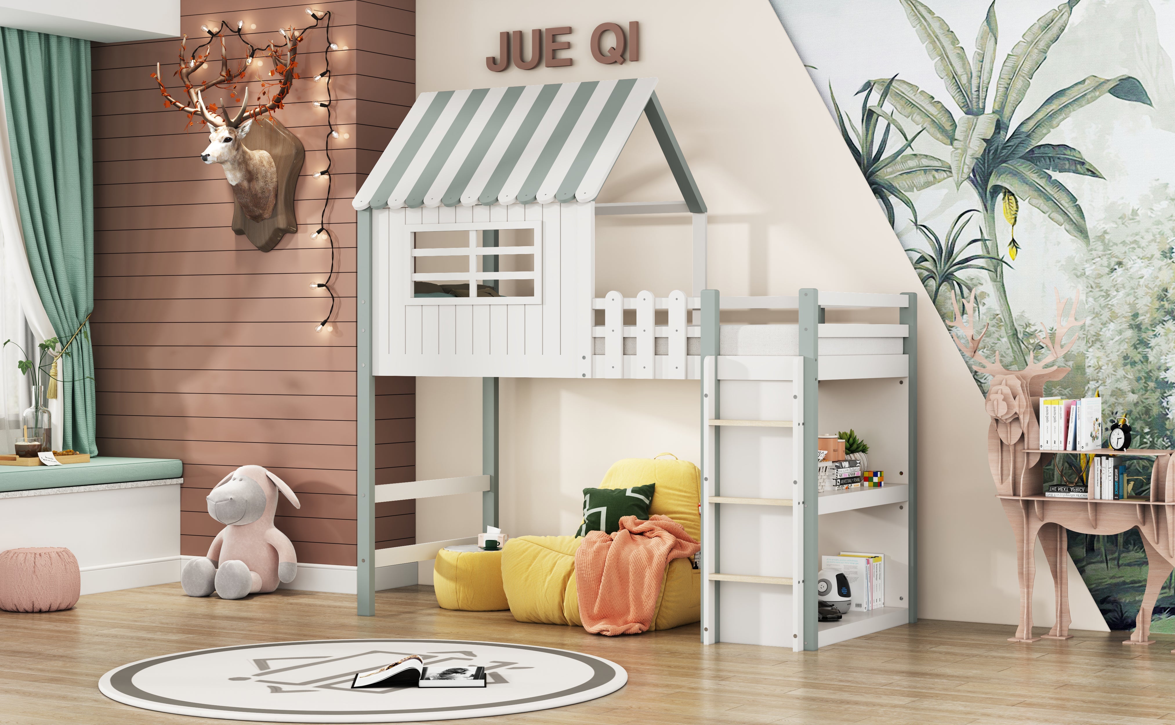 Logidon kinderbed 90x200 cm hoog-laag huisbed met veiligheidsladder groen