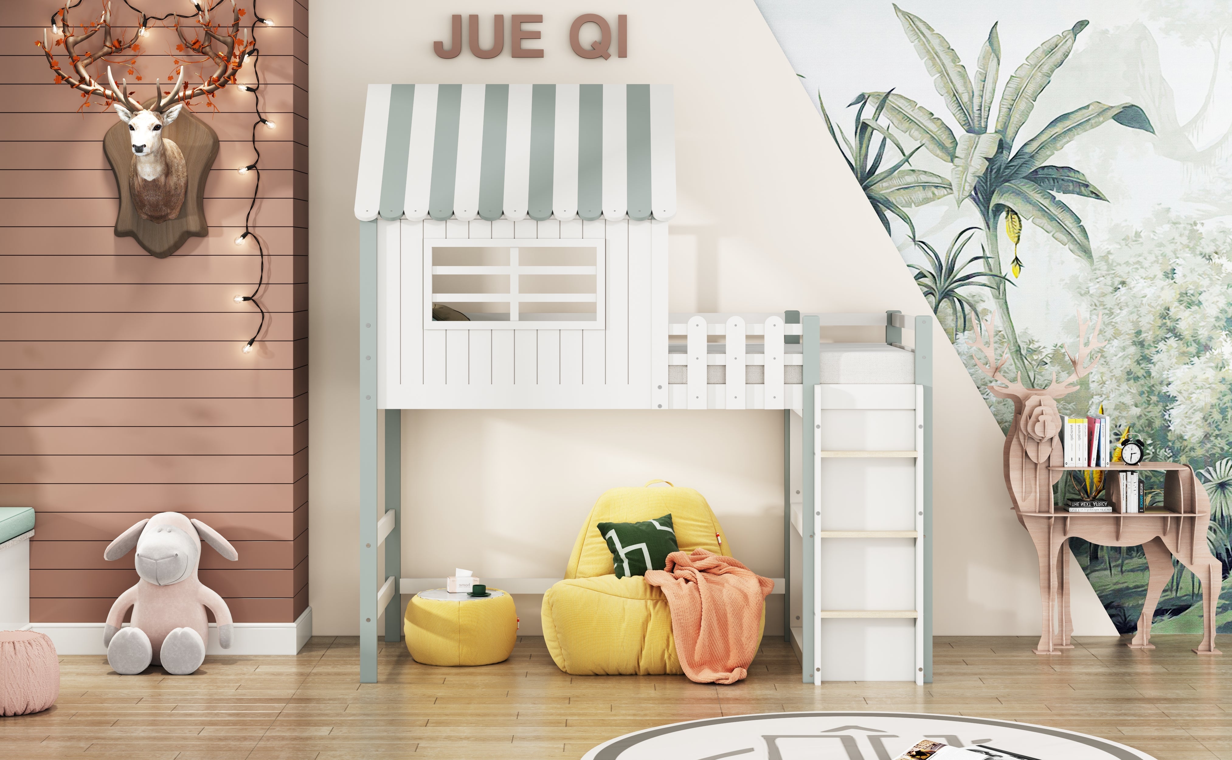 Logidon kinderbed 90x200 cm hoog-laag huisbed met veiligheidsladder groen