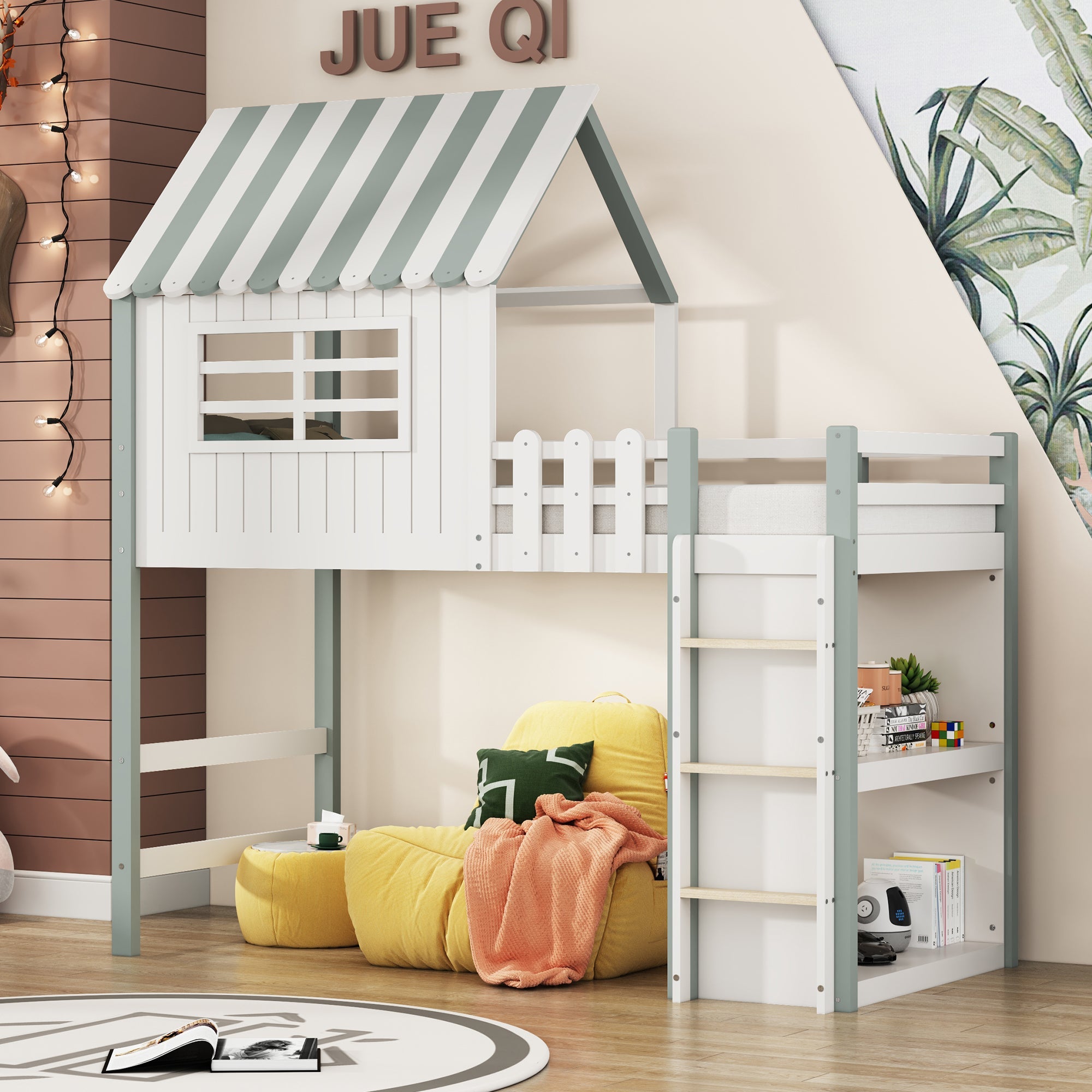Logidon kinderbed 90x200 cm hoog-laag huisbed met veiligheidsladder groen