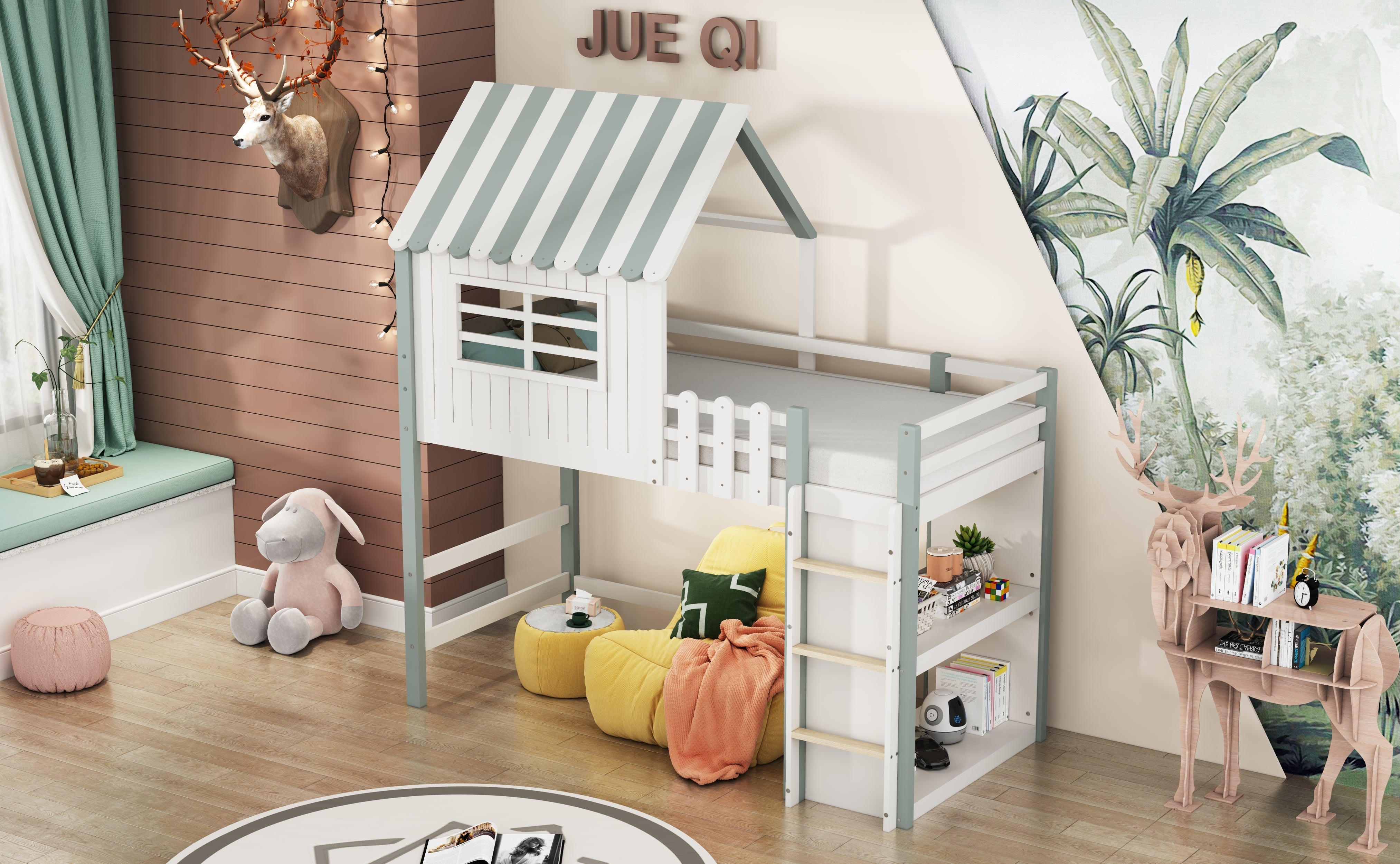 Logidon kinderbed 90x200 cm hoog-laag huisbed met veiligheidsladder groen