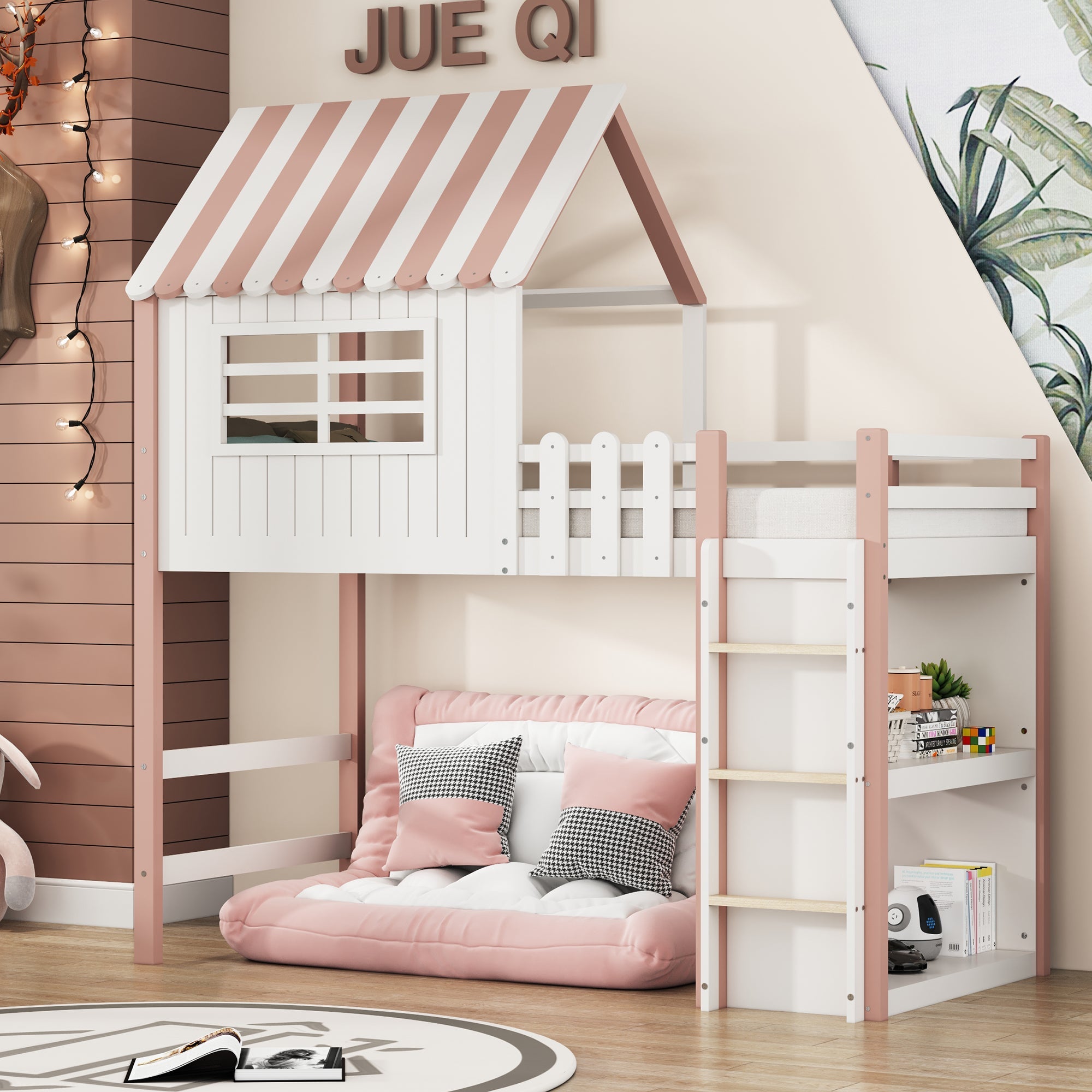 Logidon Kinderbed 90x200 cm Hoog en Laag Roze Huisvorm