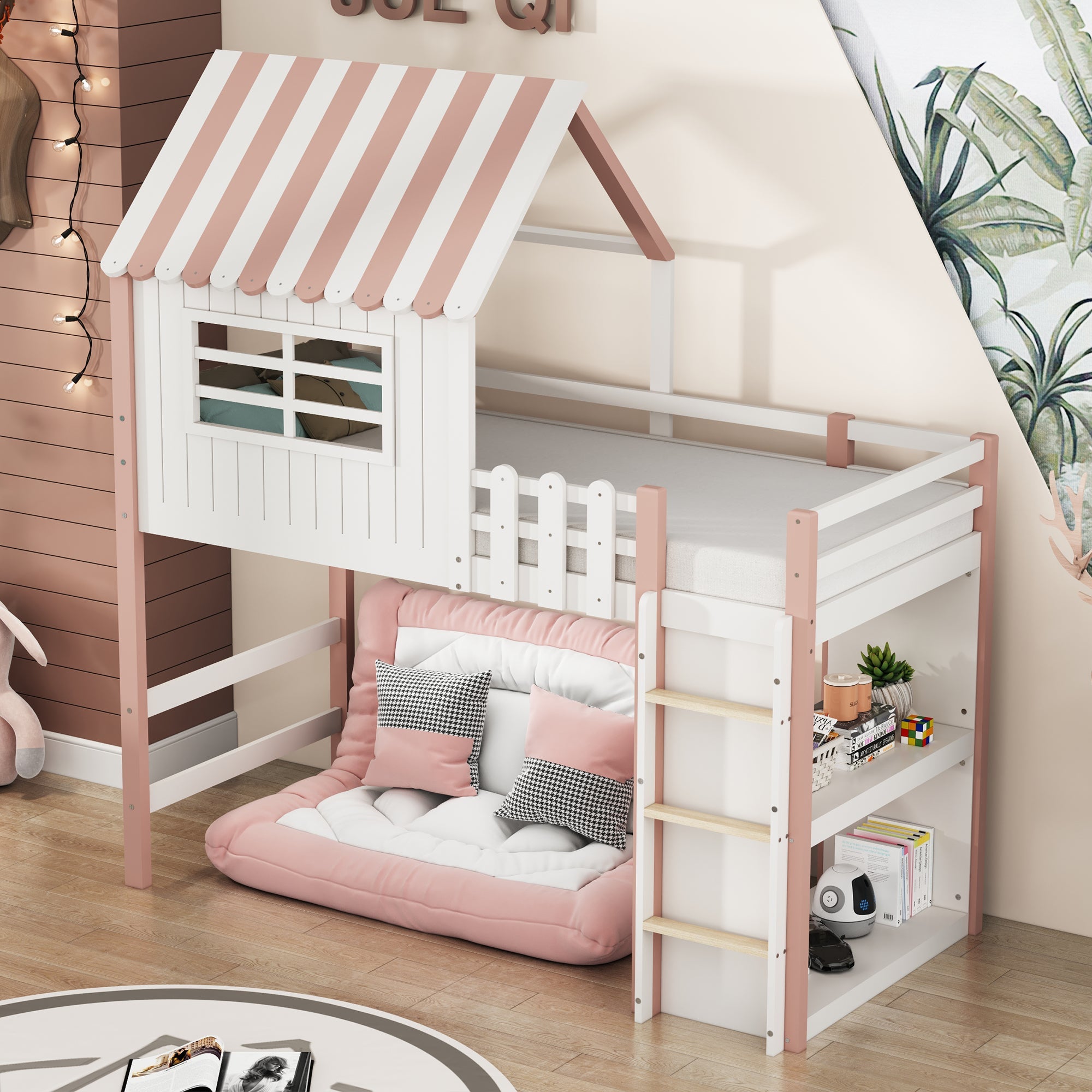 Logidon Kinderbed 90x200 cm Hoog en Laag Roze Huisvorm