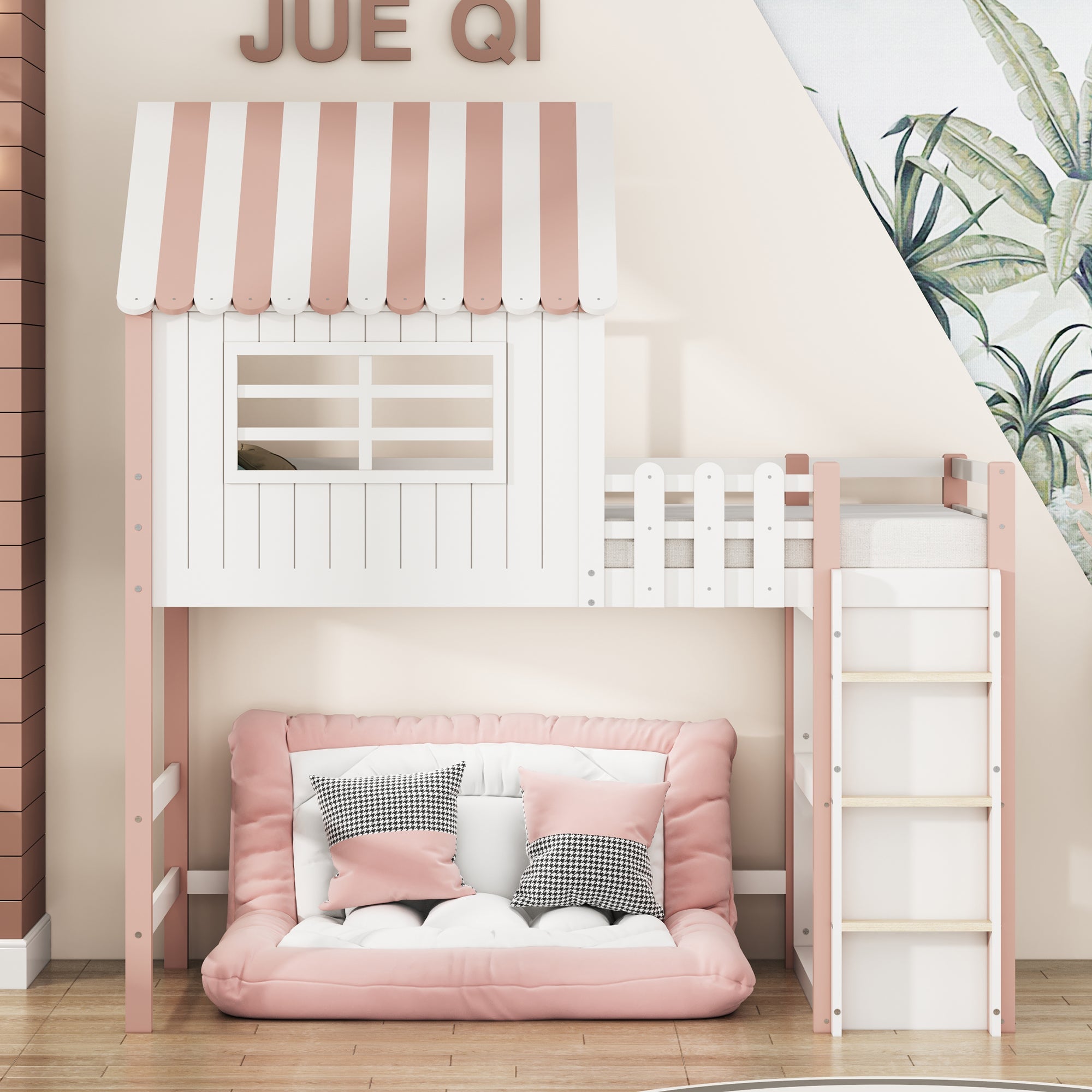Logidon Kinderbed 90x200 cm Hoog en Laag Roze Huisvorm