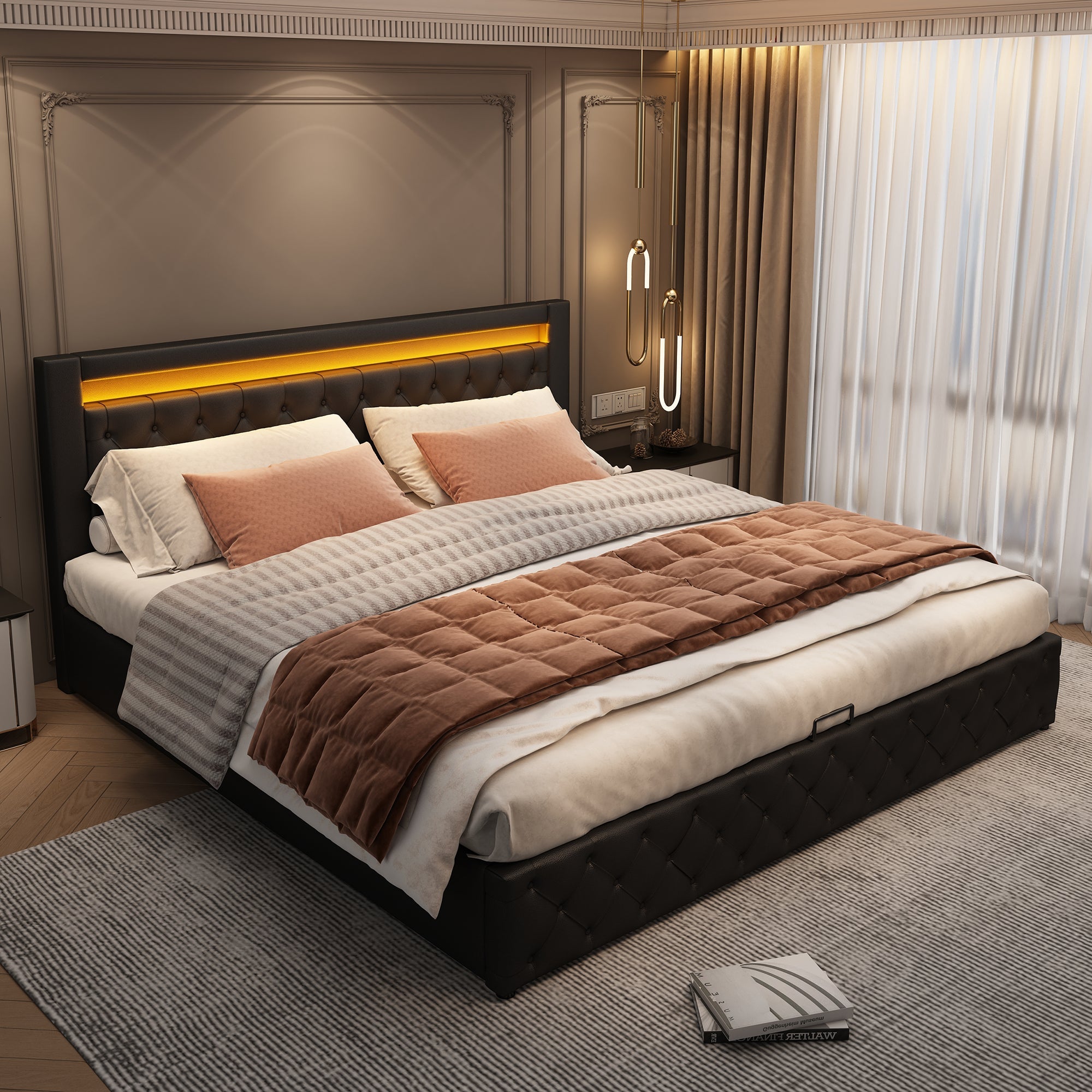 Logidon gestoffeerd bed 140x200 zwart PU met lattenbodem opbergruimte