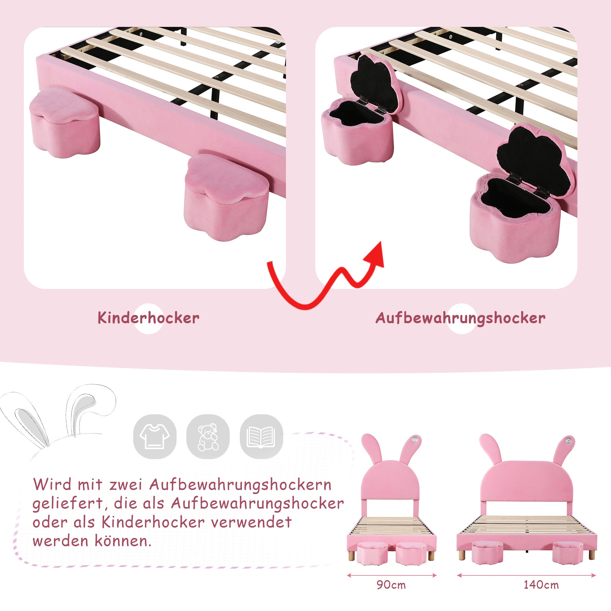 Logidon gestoffeerd bed 140x200 roze fluweel met opbergruimte en LED