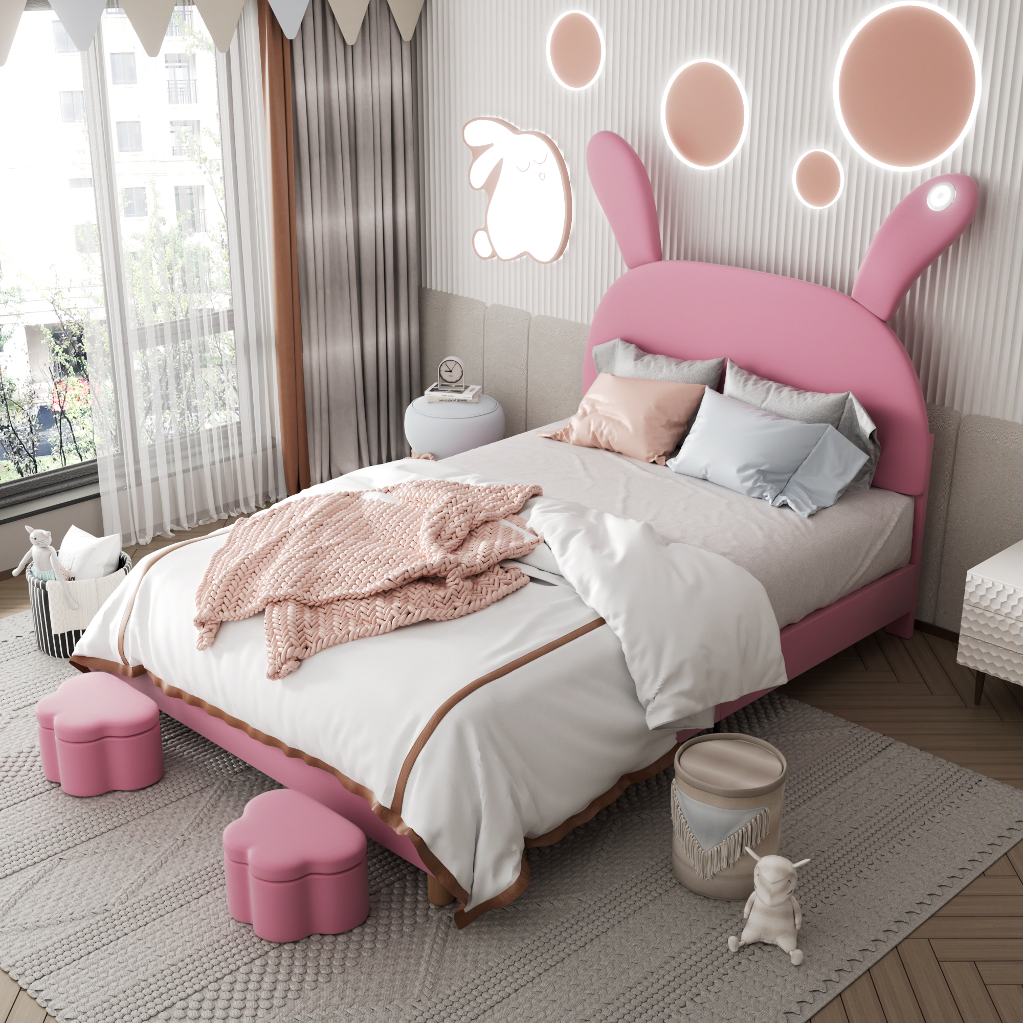 Logidon gestoffeerd bed 140x200 roze fluweel met opbergruimte en LED