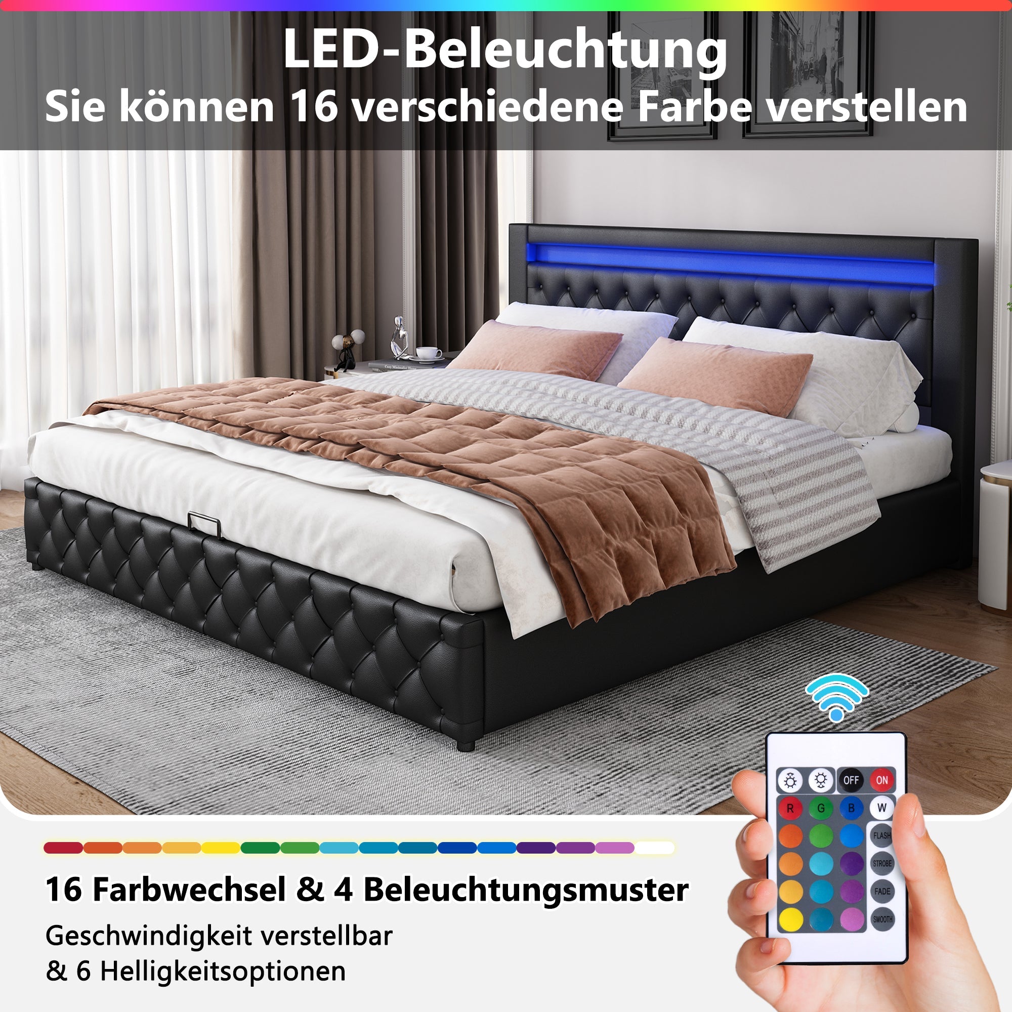 Logidon gestoffeerd bed 140x200 zwart PU met lattenbodem opbergruimte