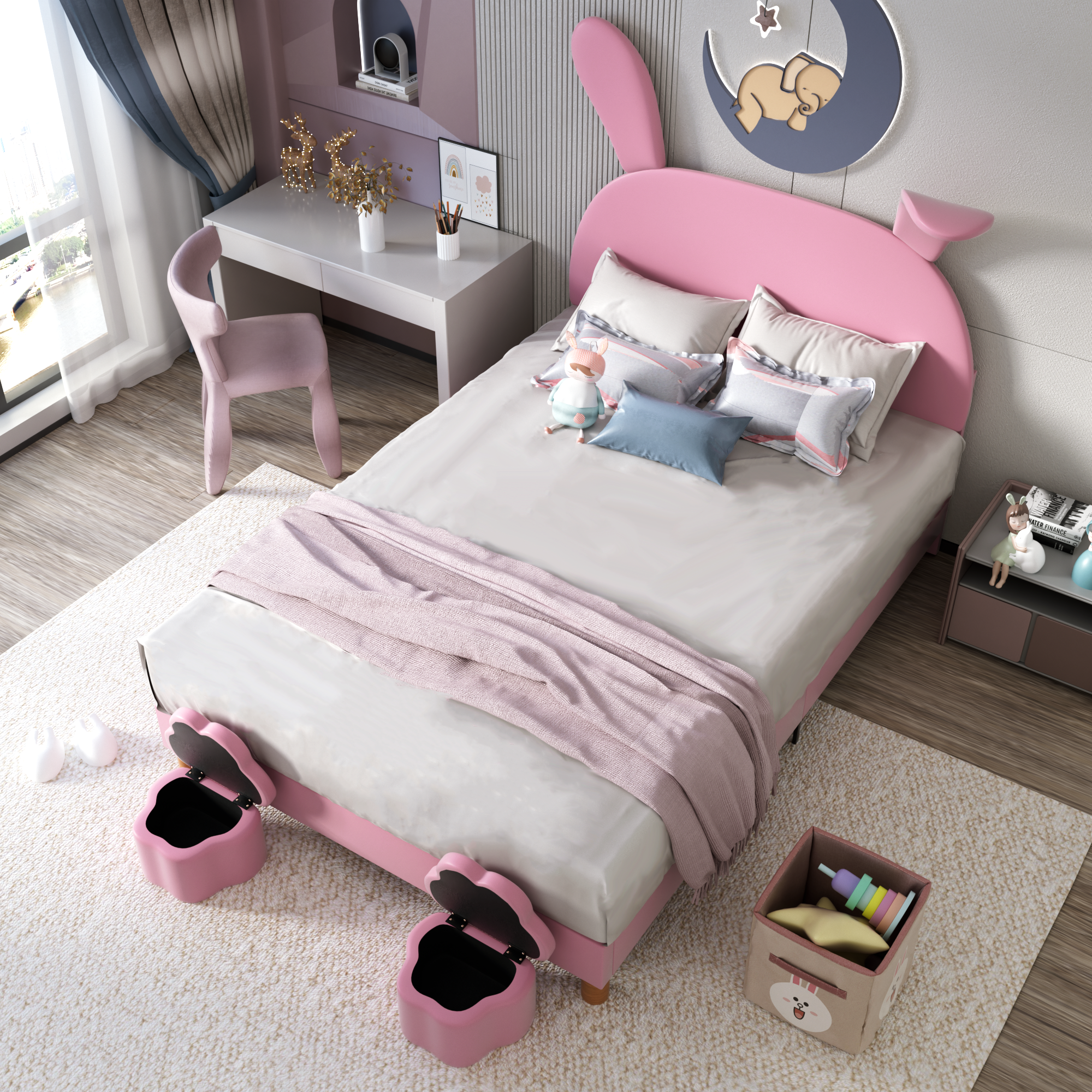 Logidon gestoffeerd bed 140x200 roze fluweel met opbergruimte en LED