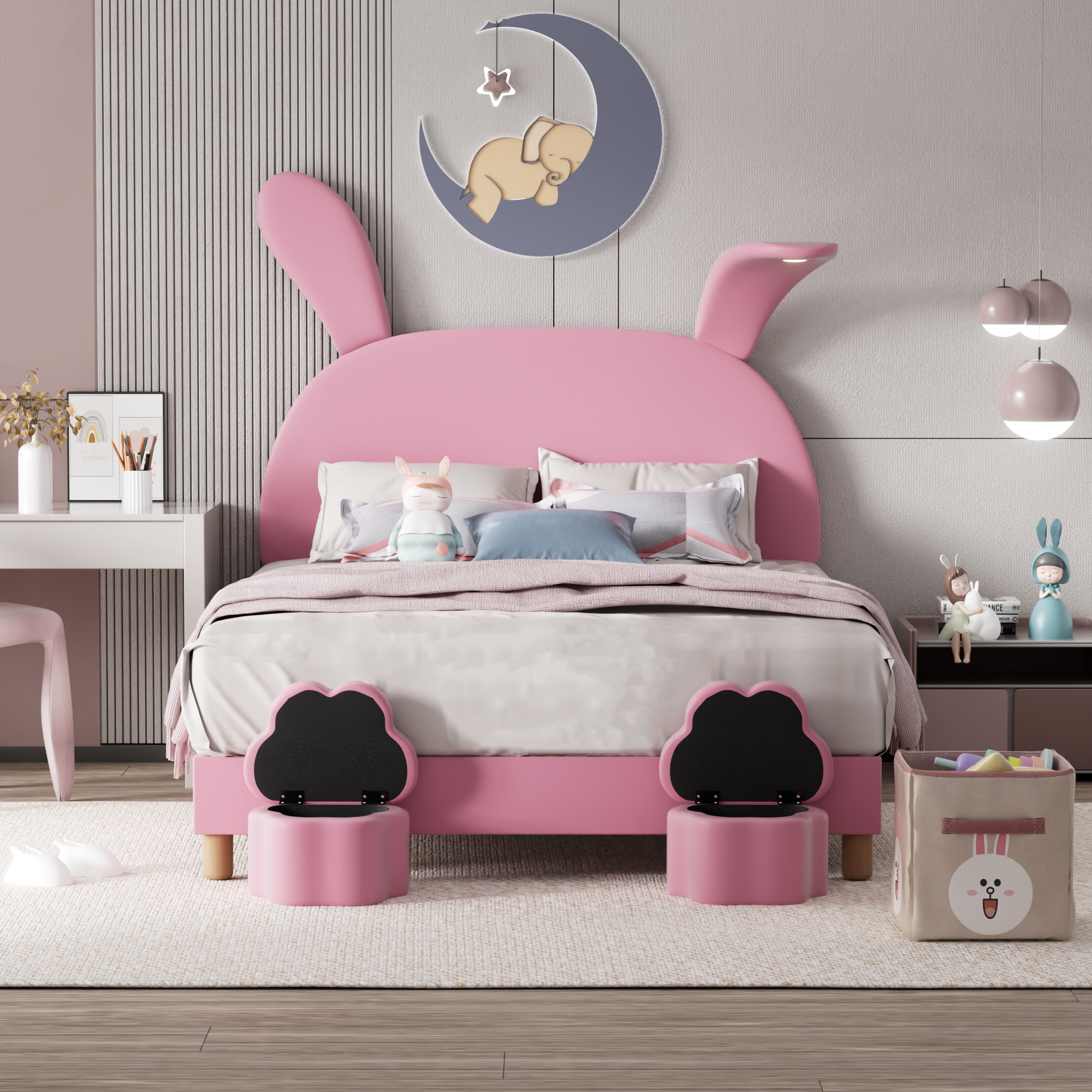 Logidon gestoffeerd bed 140x200 roze fluweel met opbergruimte en LED