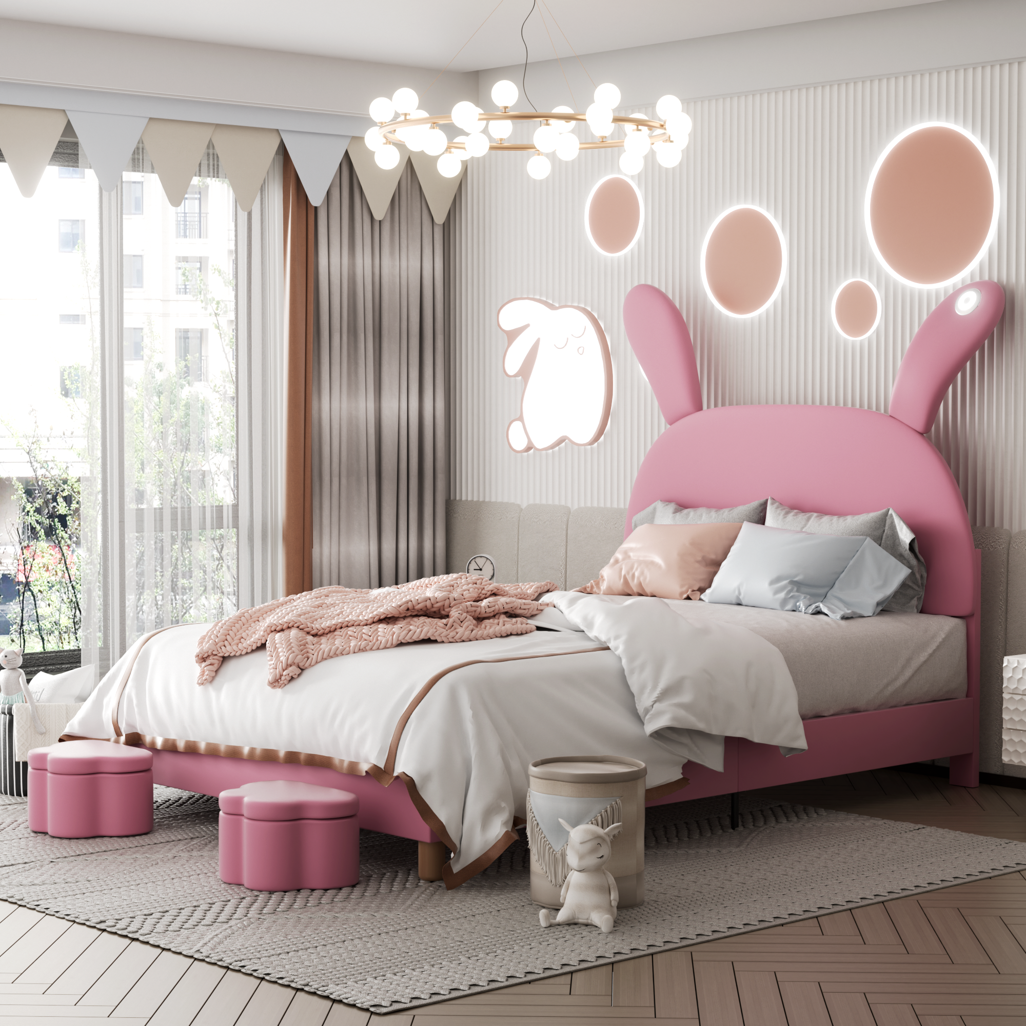 Logidon gestoffeerd bed 140x200 roze fluweel met opbergruimte en LED