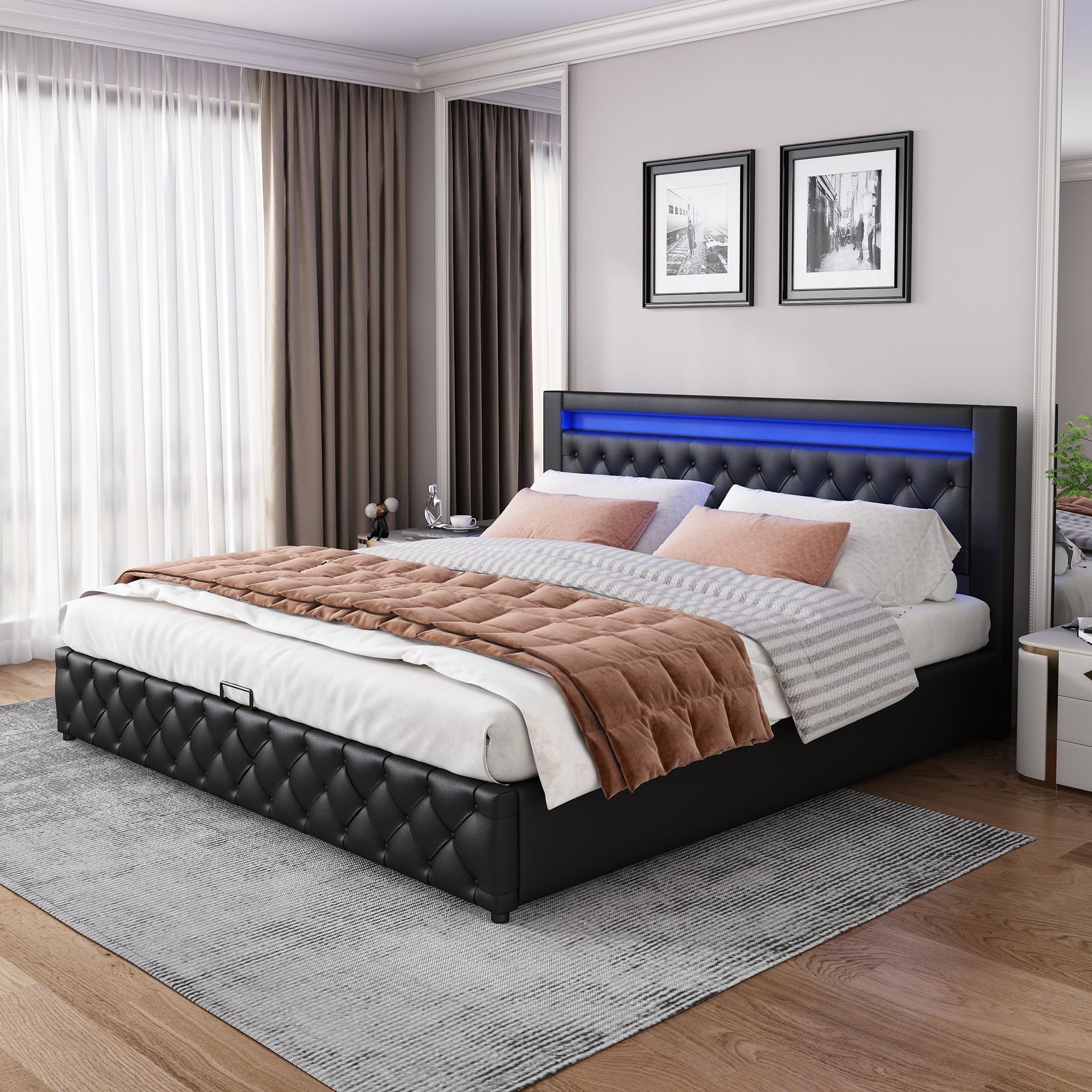 Logidon gestoffeerd bed 140x200 zwart PU met lattenbodem opbergruimte