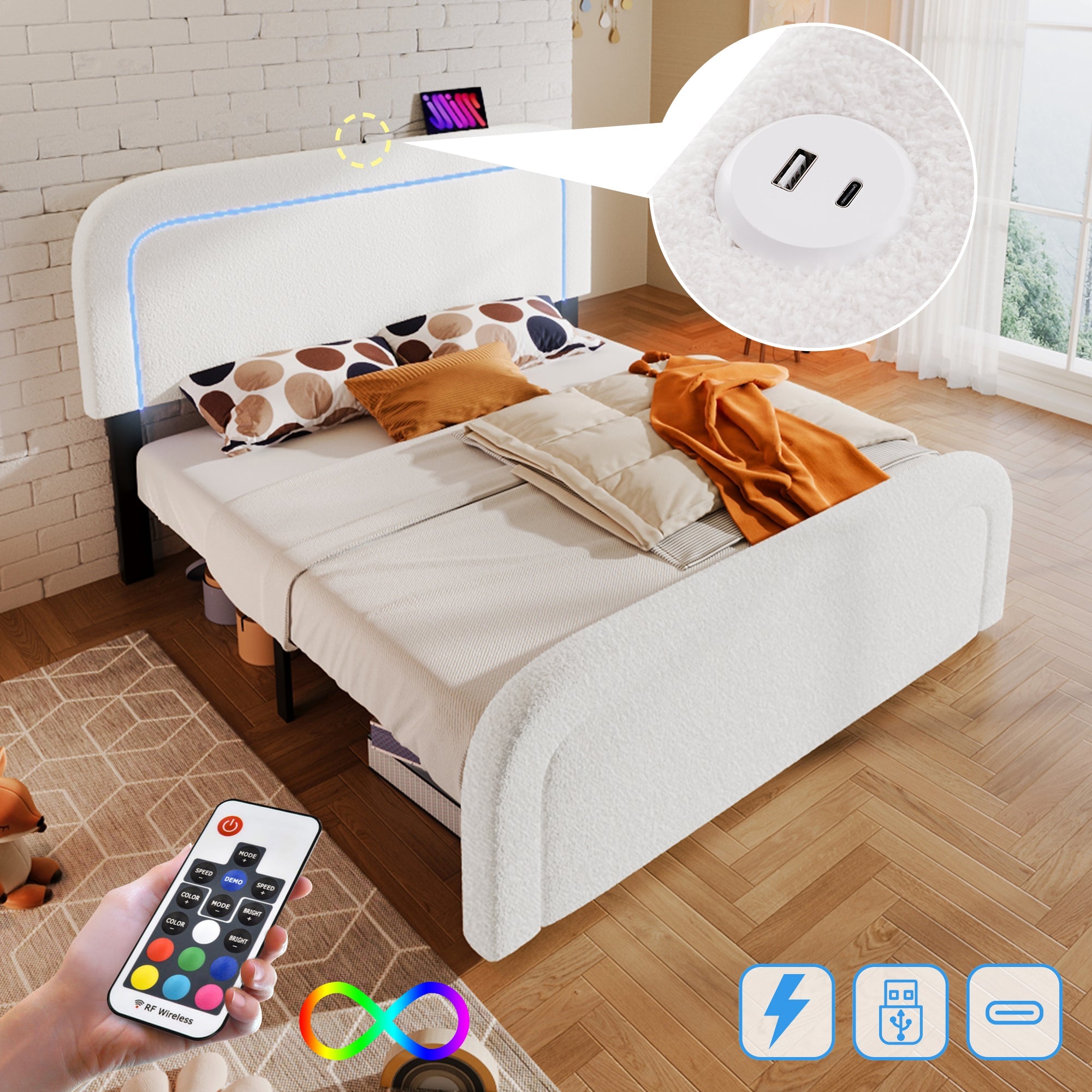 Logidon bedframe met USB Type C oplaadfunctie LED-verlichting 160x200