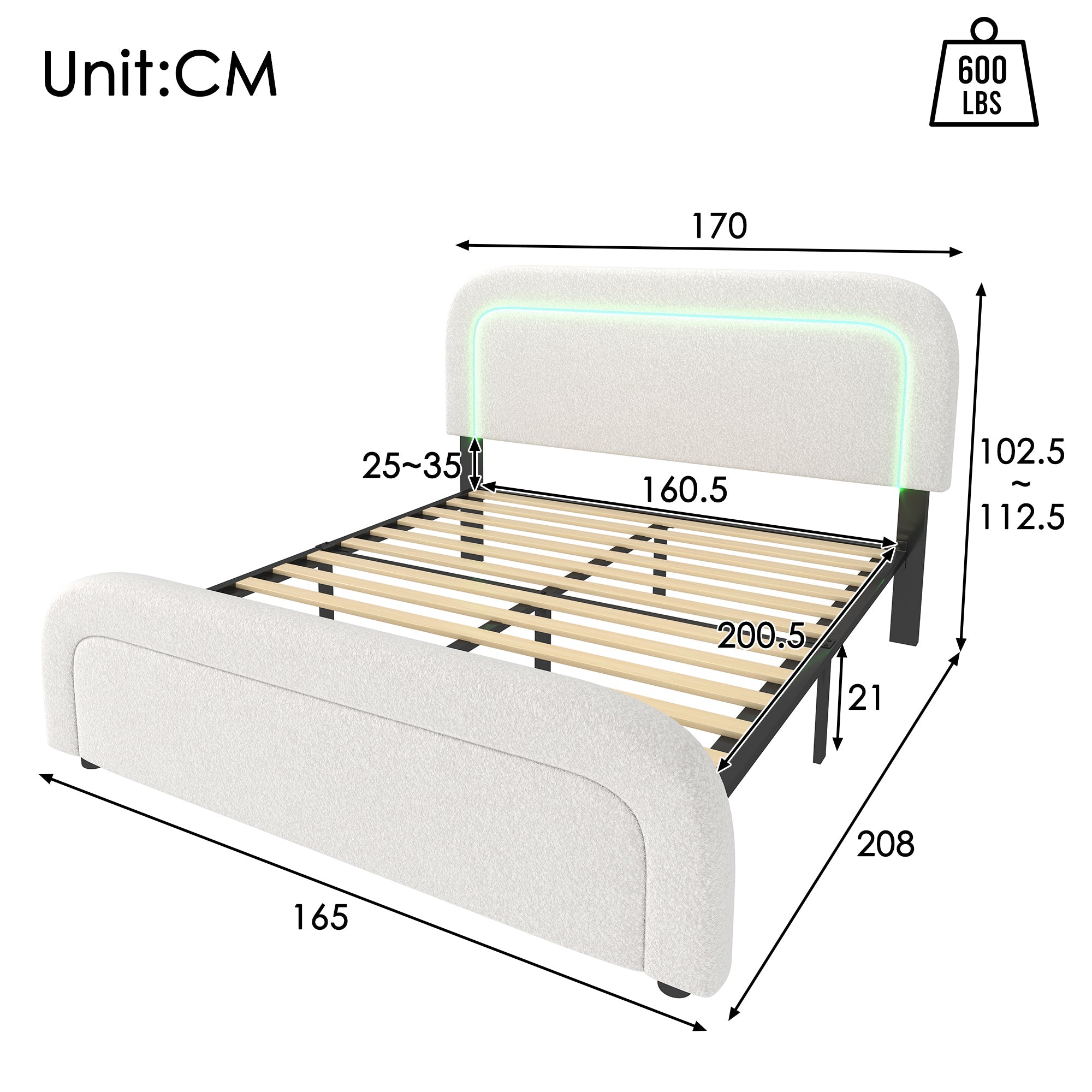 Logidon bedframe 160x200 cm met USB Type C oplaadfunctie en LED wit