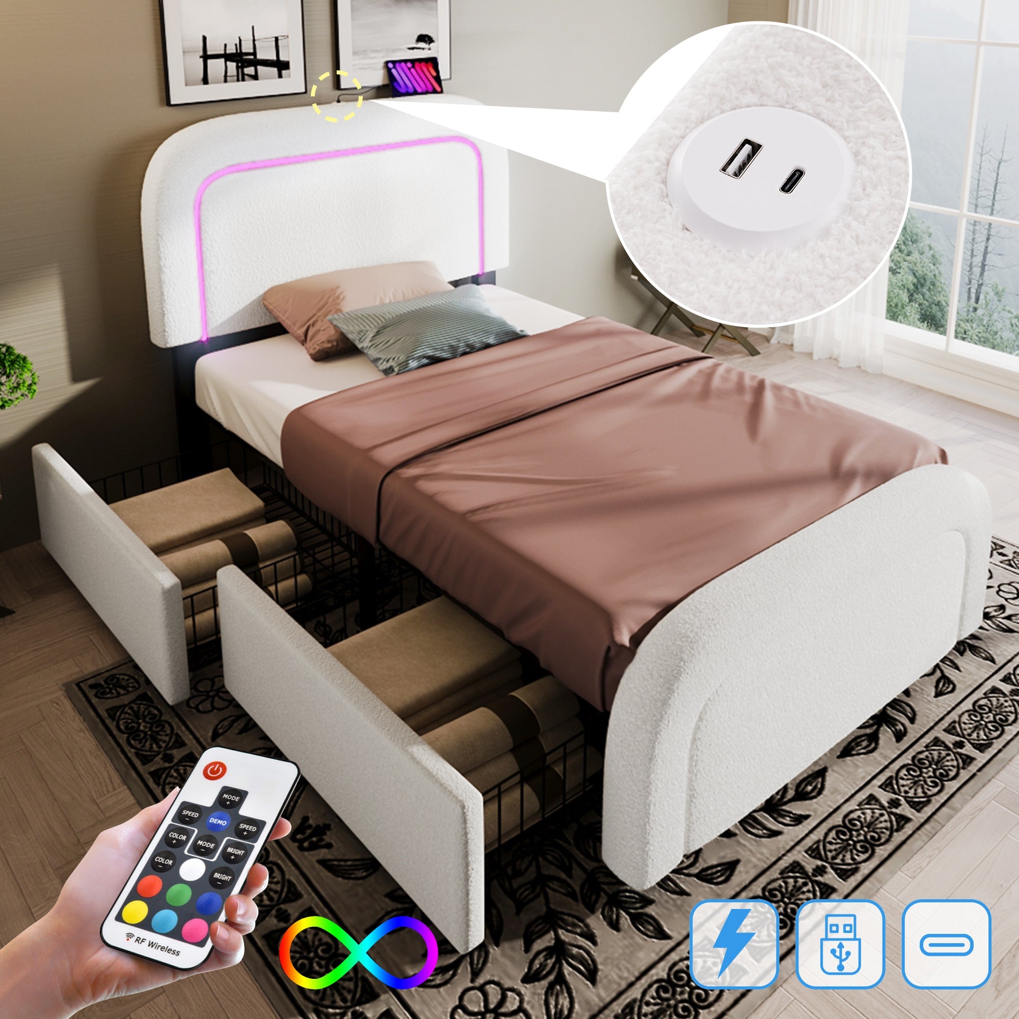 Logidon bedframe 90x200 met USB Type C oplaadfunctie wit