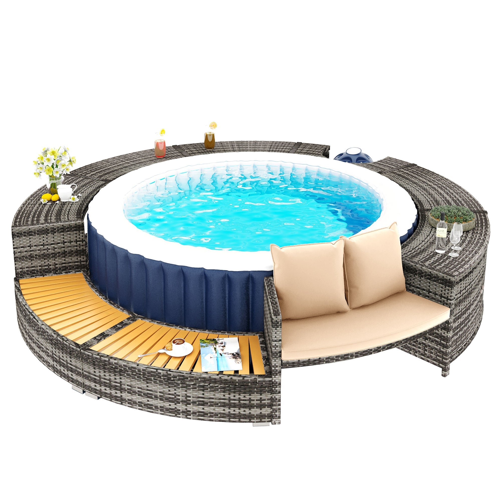 Logidon Spa zwembadloungeset grijs rotan acaciahout met opbergruimte