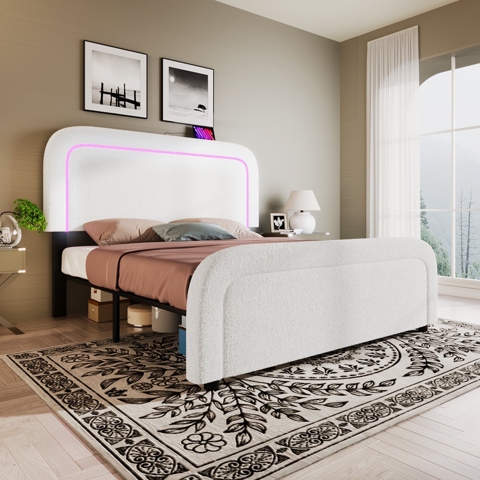 Logidon bed frame 160x200 cm with USB Type C charging function and LED white