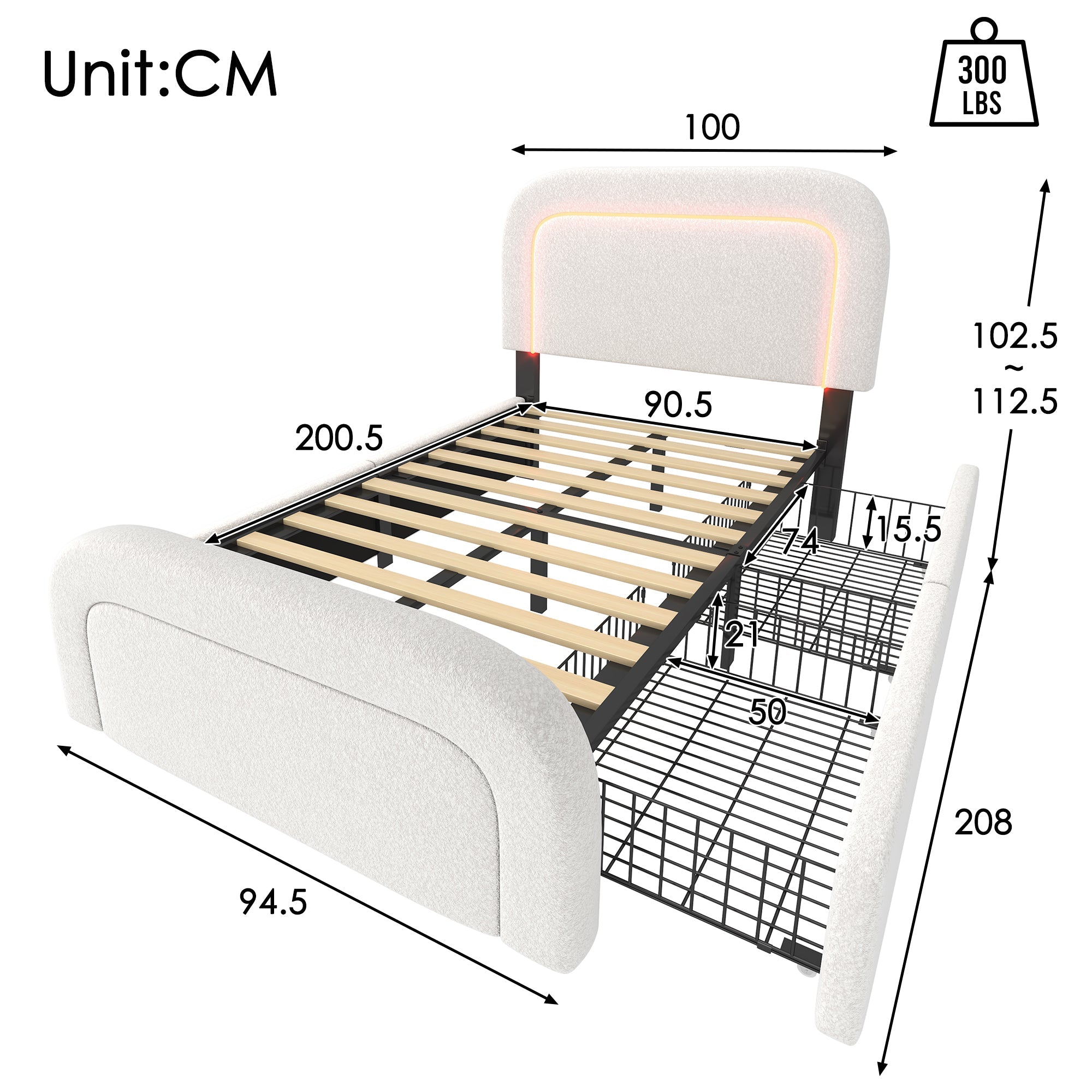 Logidon bedframe 90x200 met USB Type C oplaadfunctie wit