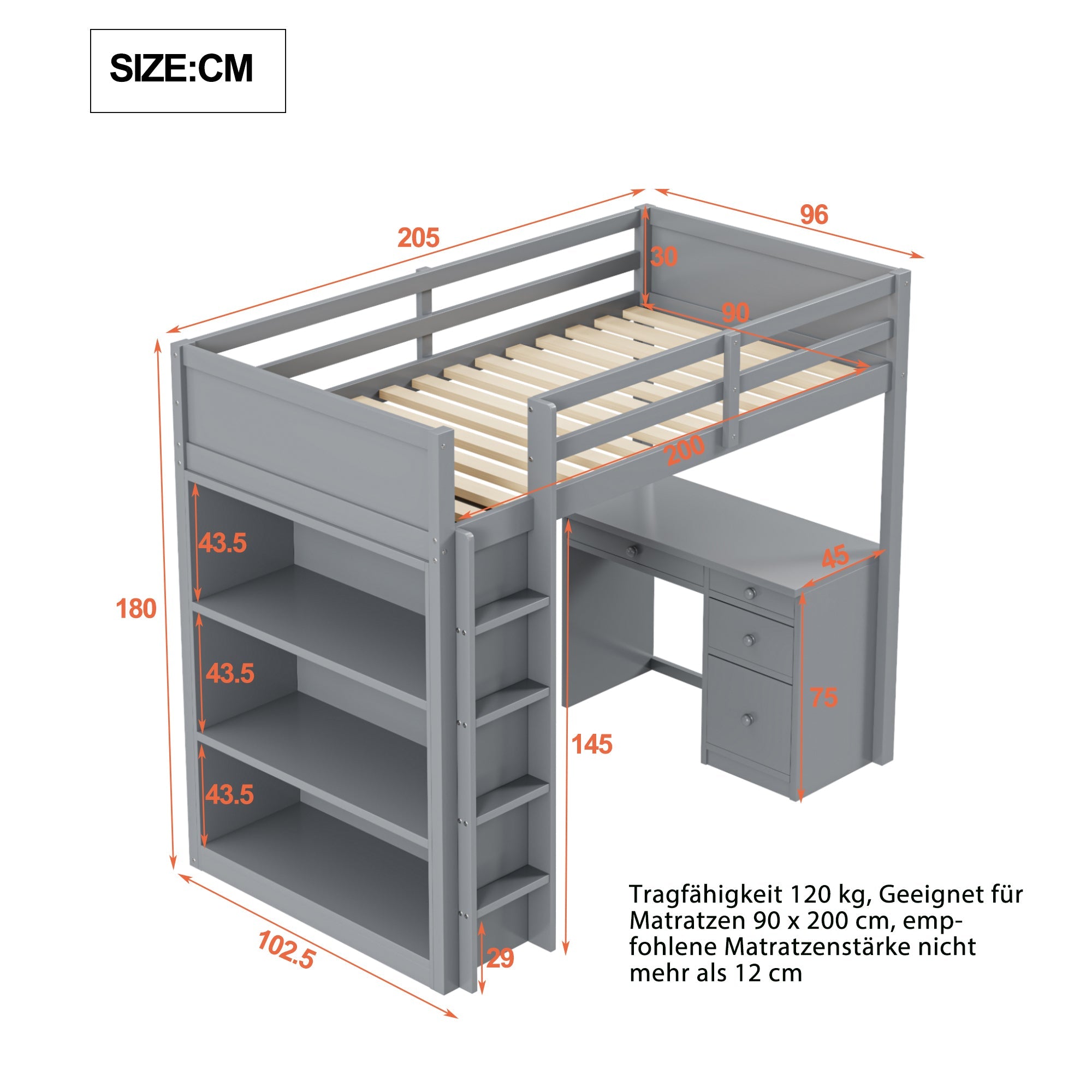 Logidon hoogslaper 90x200 cm grijs hout met opbergruimte en bureau