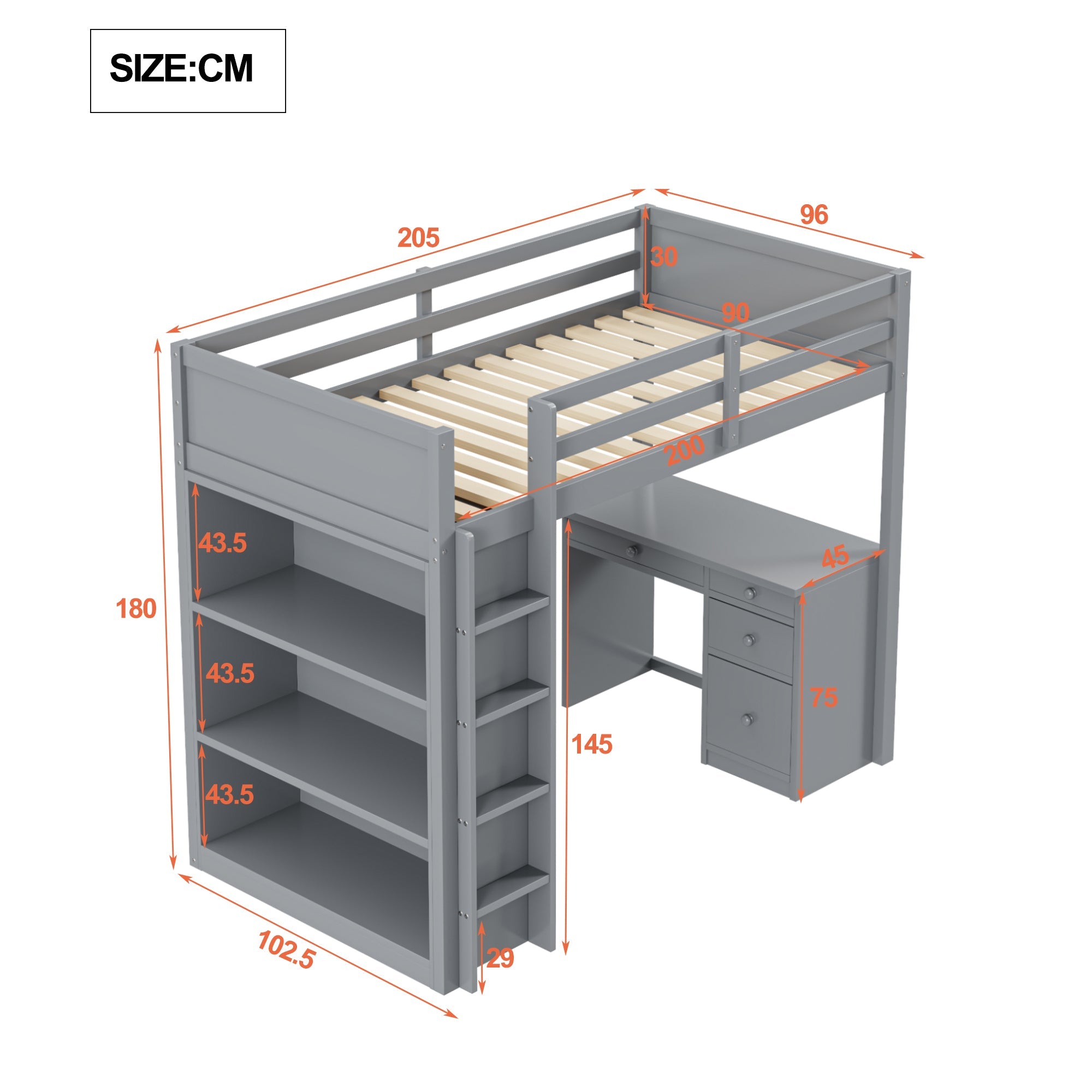 Logidon loft bed 90x200 cm gray wood with storage and desk