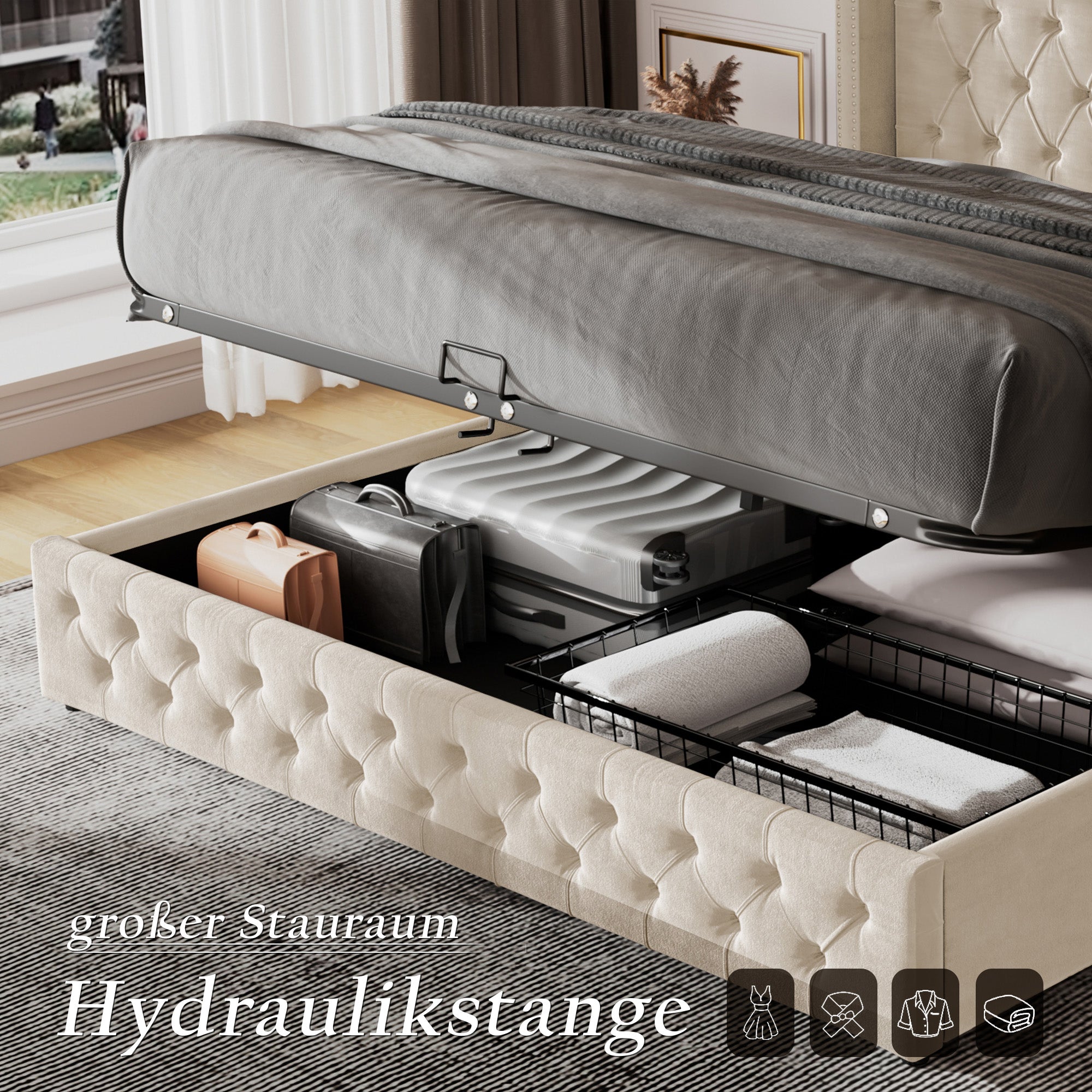 Logidon gestoffeerd bed oorvorm beige 180x200 met hydrauliek