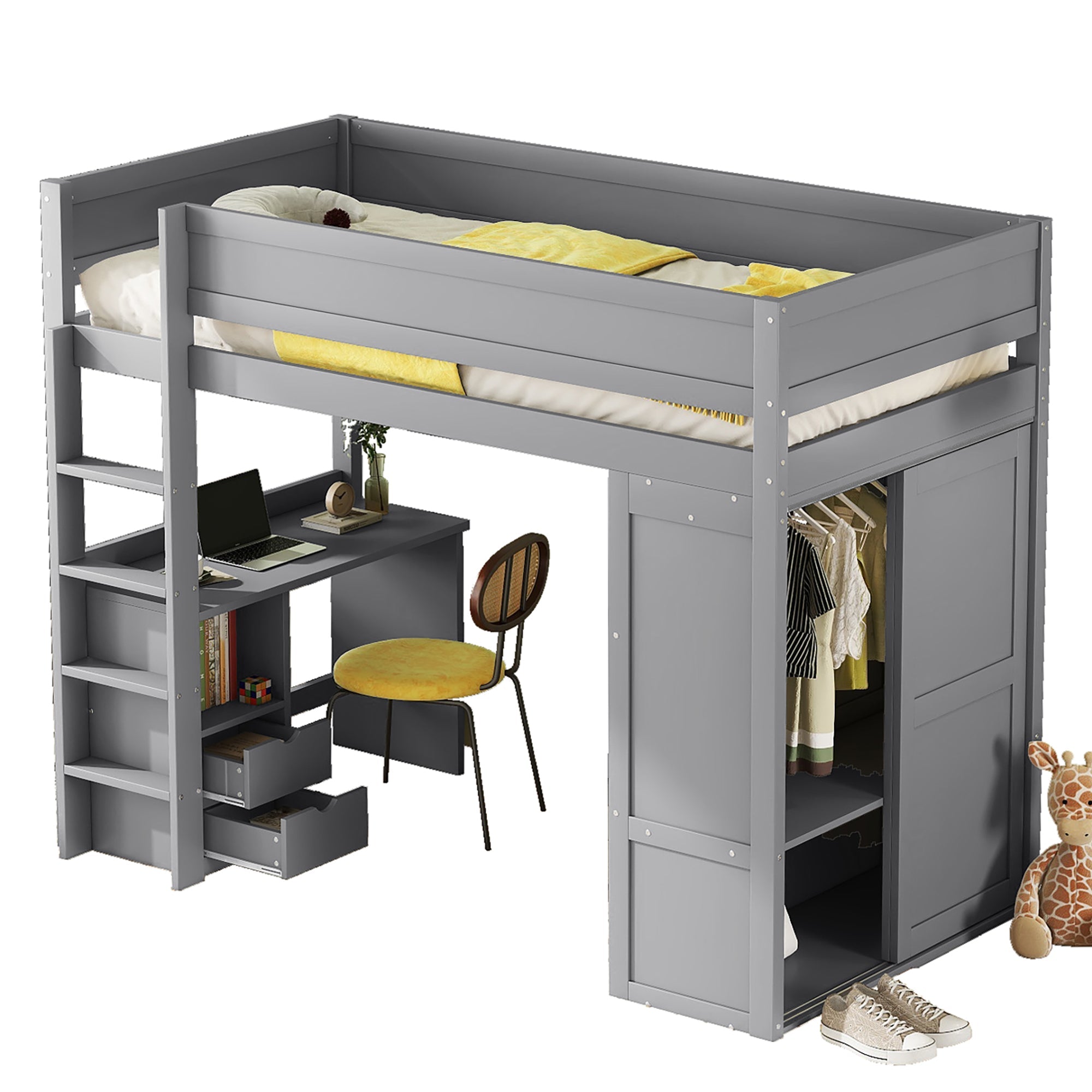 Logidon hoogslaper 90x200 grijs met kledingkast en bureau