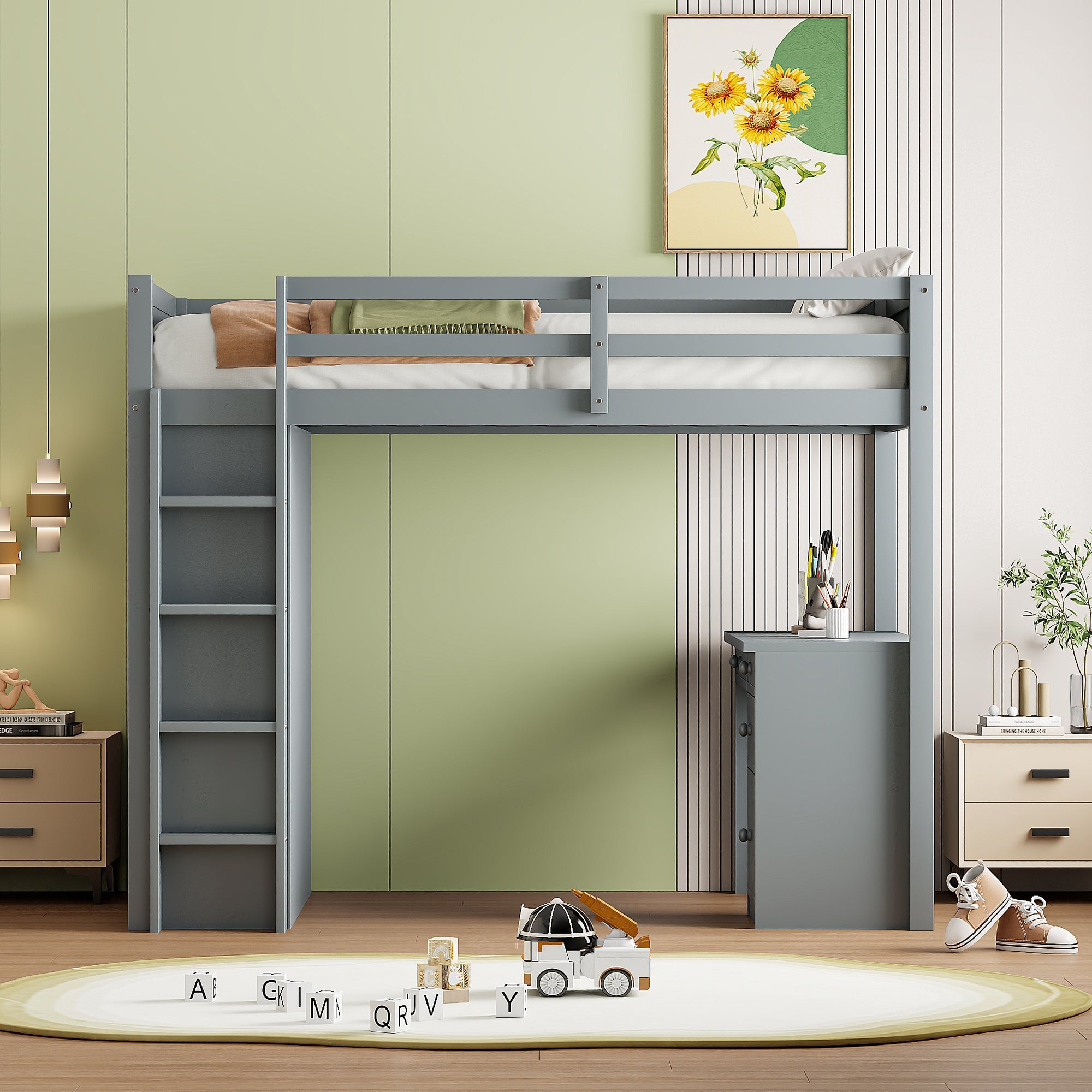 Logidon loft bed 90x200 cm gray wood with storage and desk