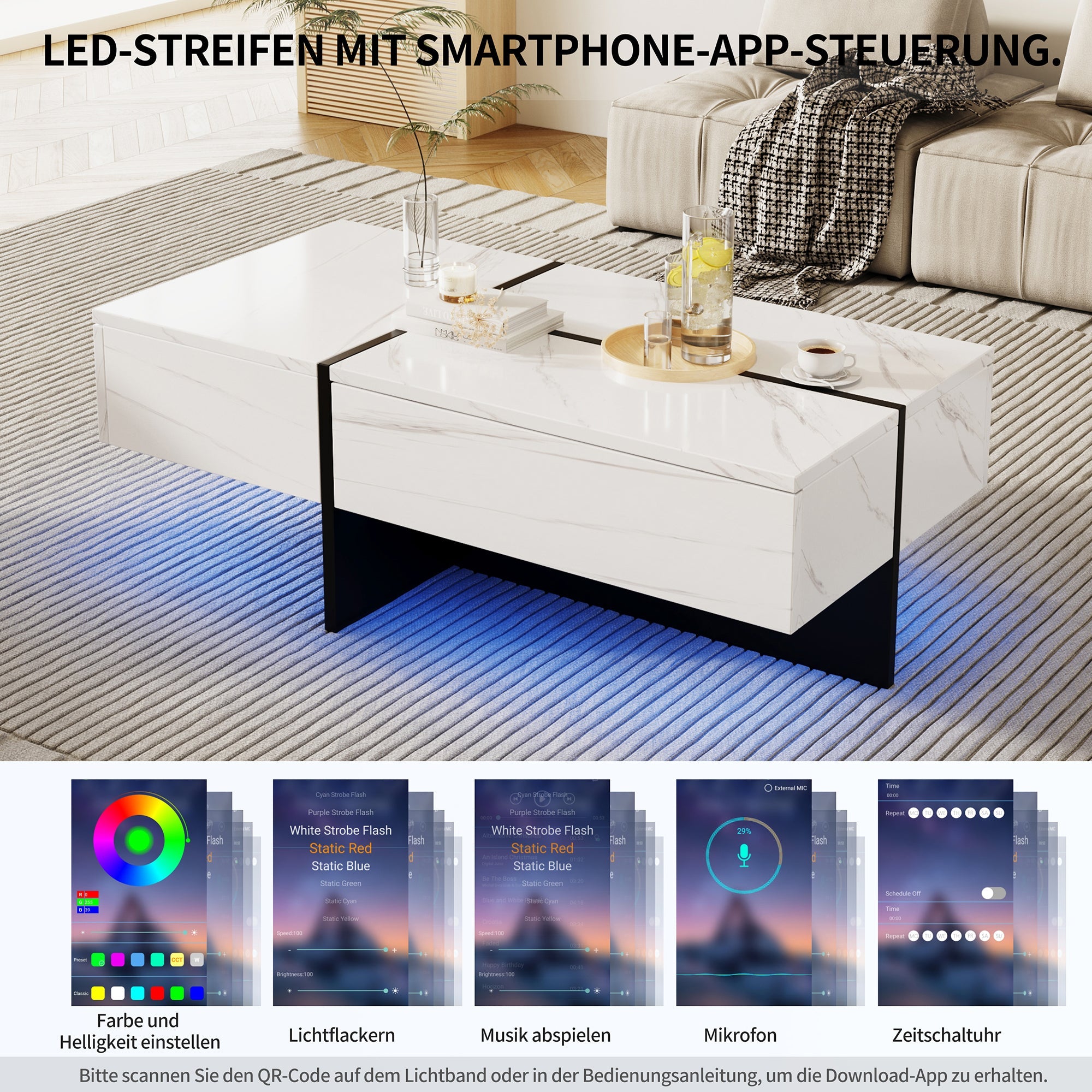 Logidon Hoogglans Salontafel Wit Imitatie Marmer Met App Verlichting