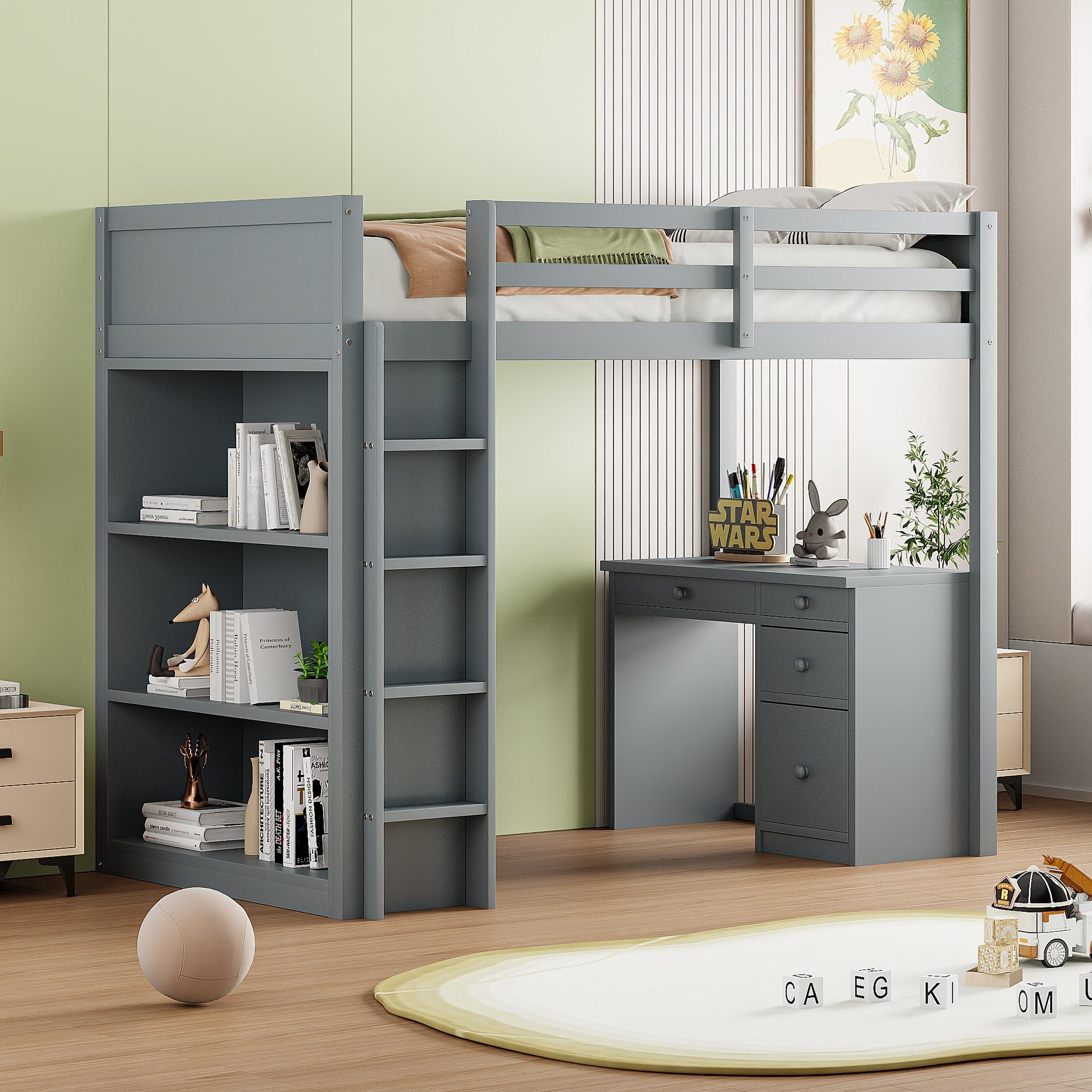 Logidon loft bed 90x200 cm gray wood with storage and desk