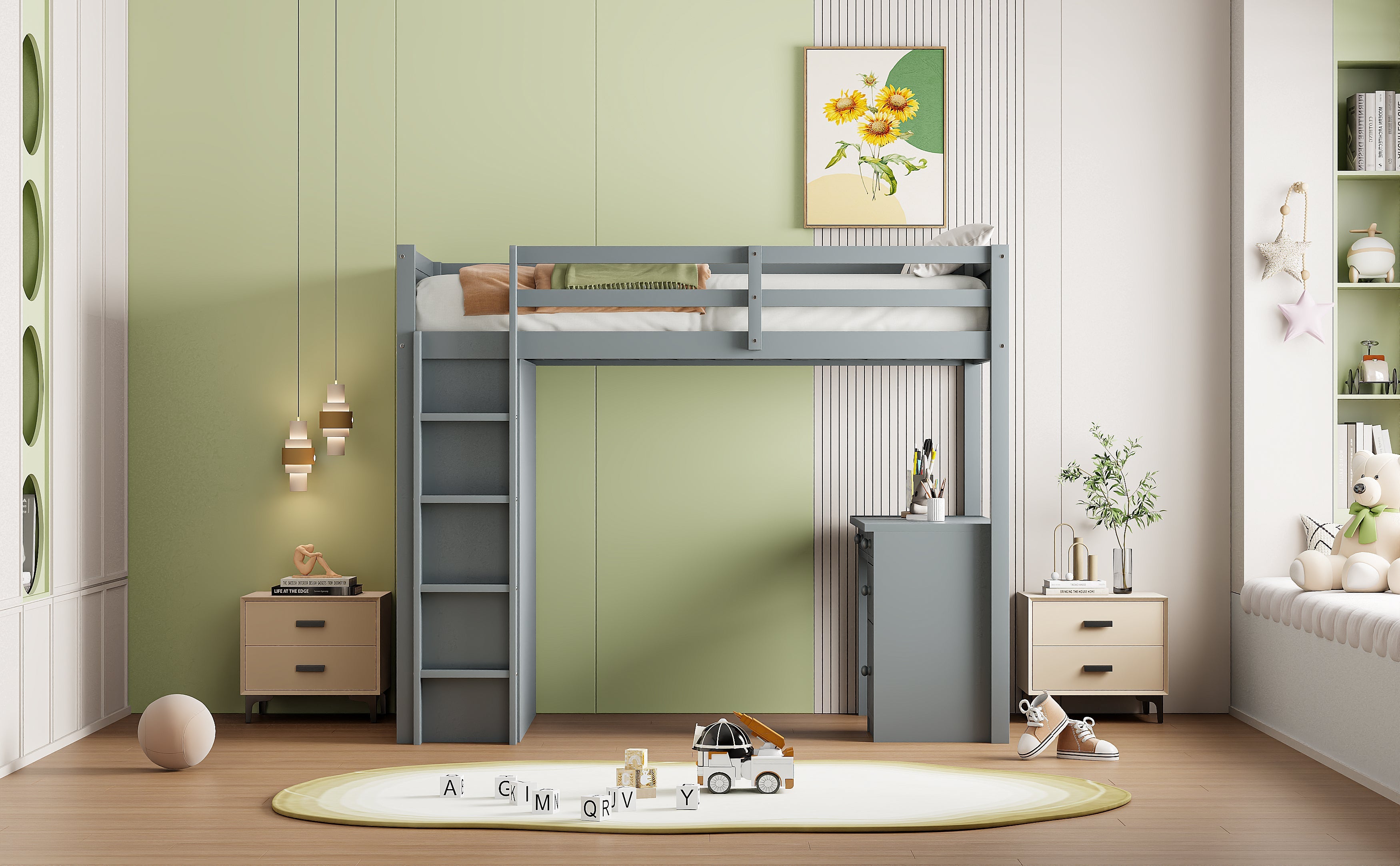 Logidon loft bed 90x200 cm gray wood with storage and desk