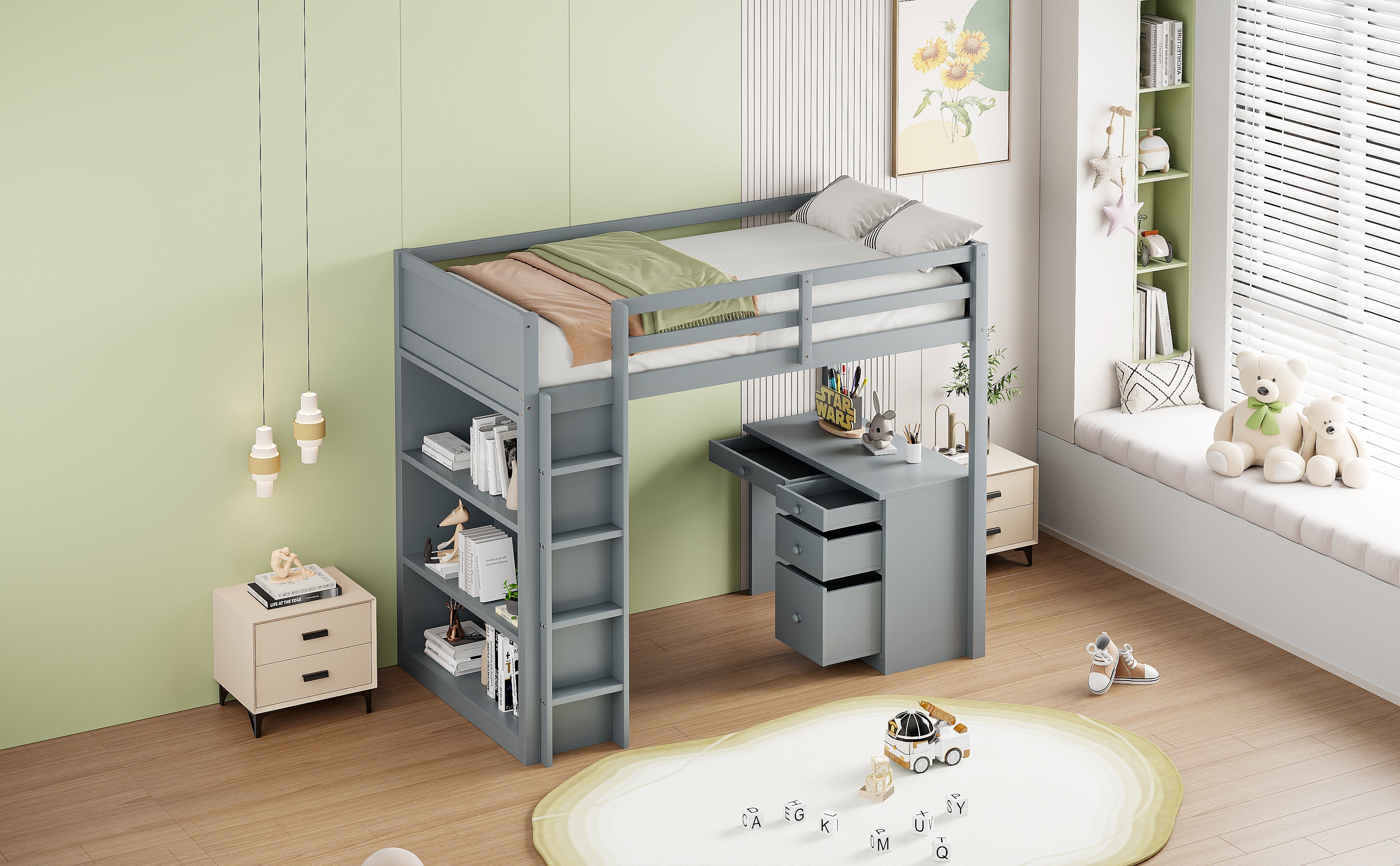 Logidon loft bed 90x200 cm gray wood with storage and desk