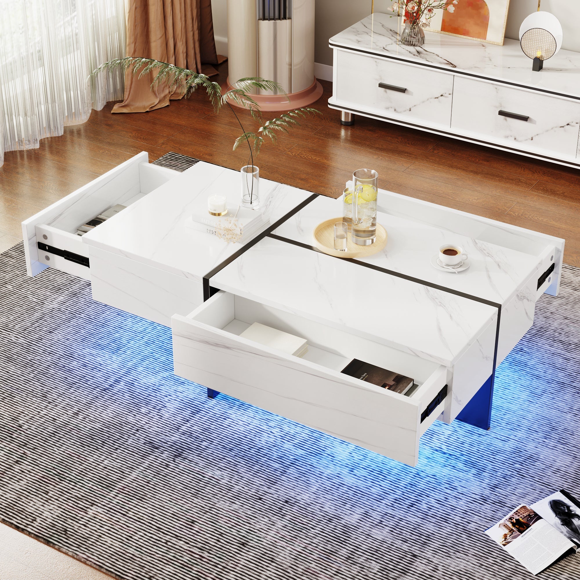 Logidon Hoogglans Salontafel Wit Imitatie Marmer Met App Verlichting