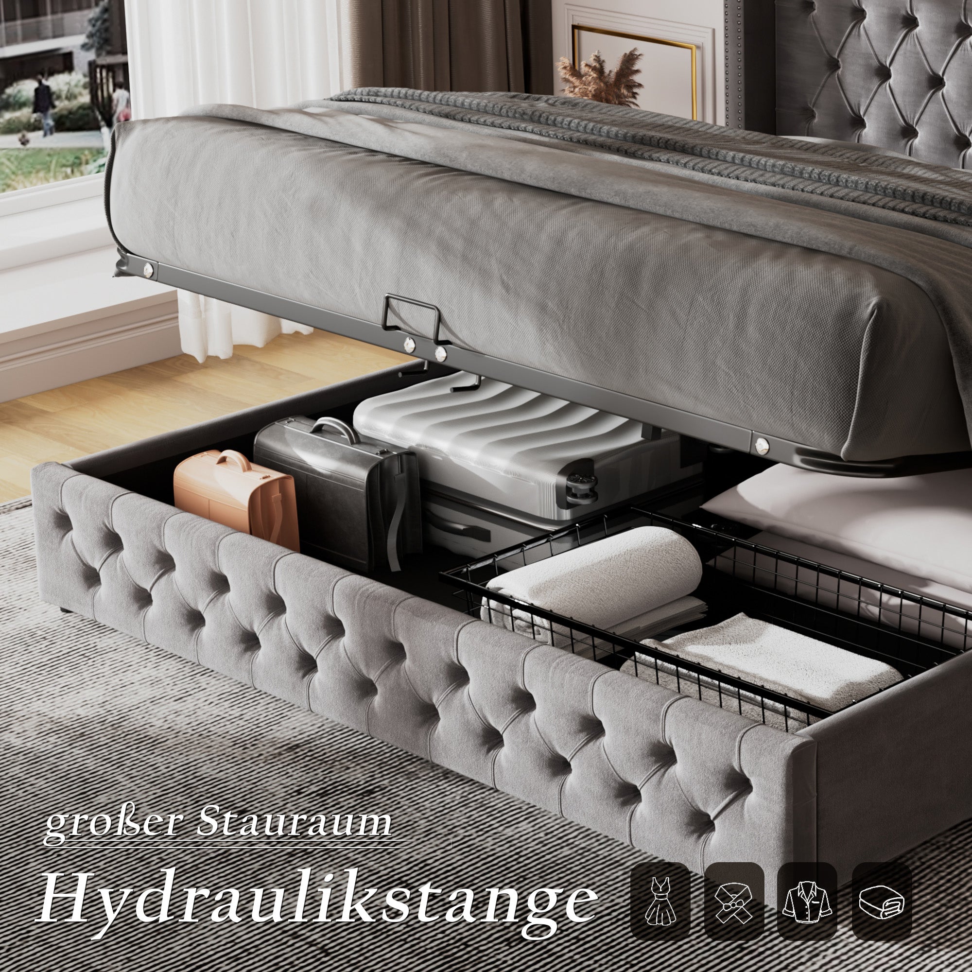 Logidon upholstered bed gray flannel 160x200 double row of rivets