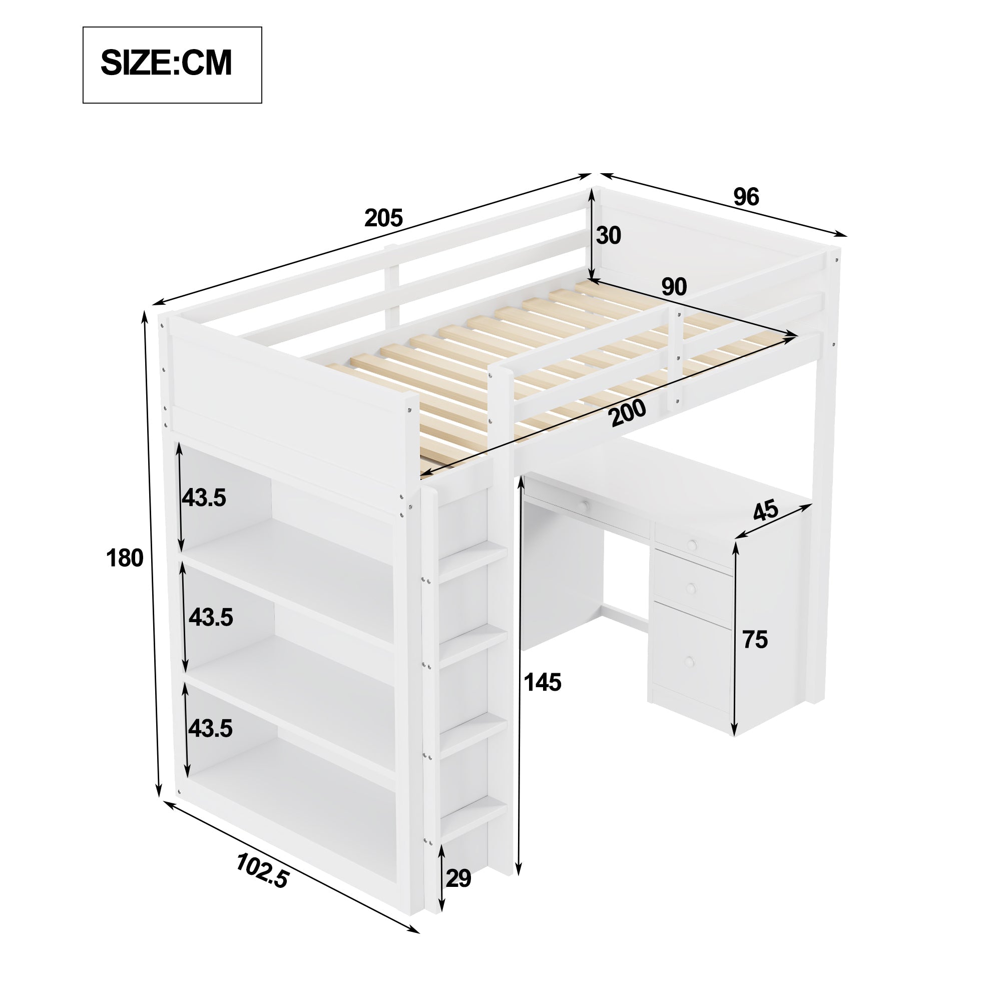 Logidon hoogslaper 90x200 cm met opbergkasten en computertafel wit