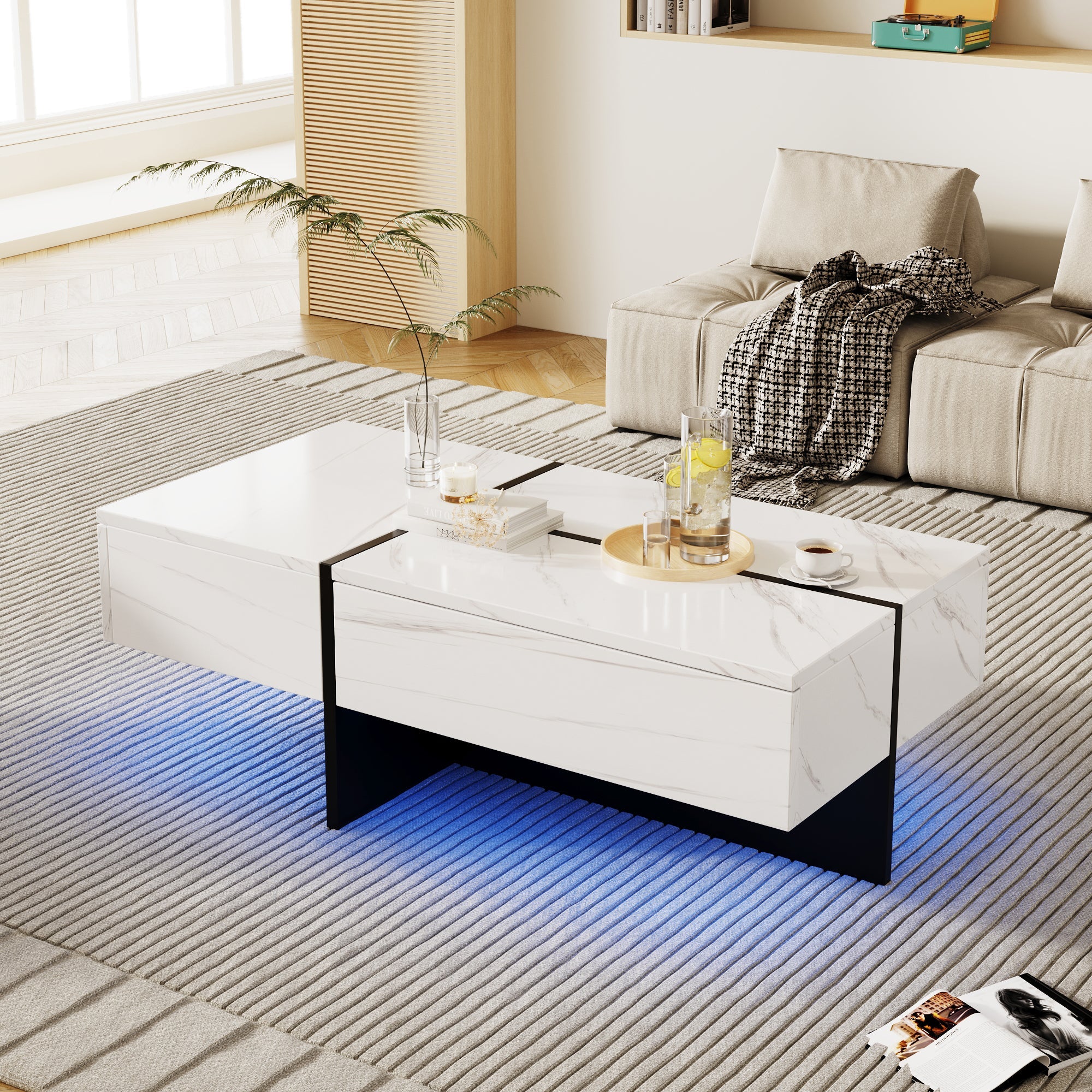 Logidon Hoogglans Salontafel Wit Imitatie Marmer Met App Verlichting