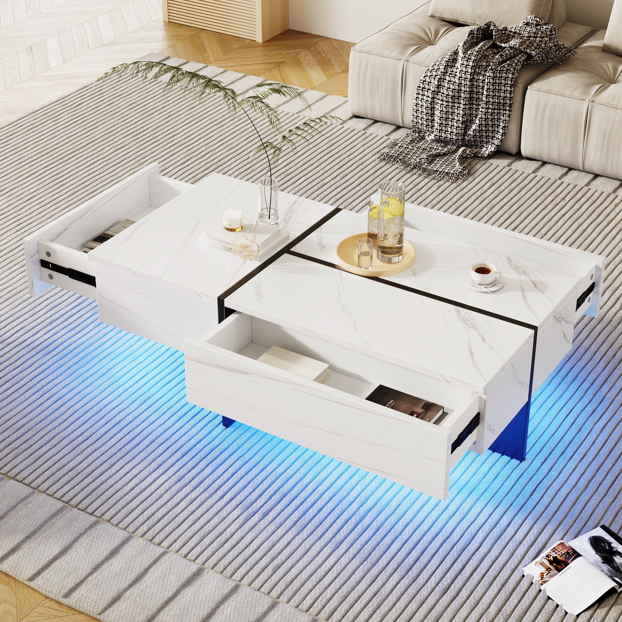 Logidon Hoogglans Salontafel Wit Imitatie Marmer Met App Verlichting