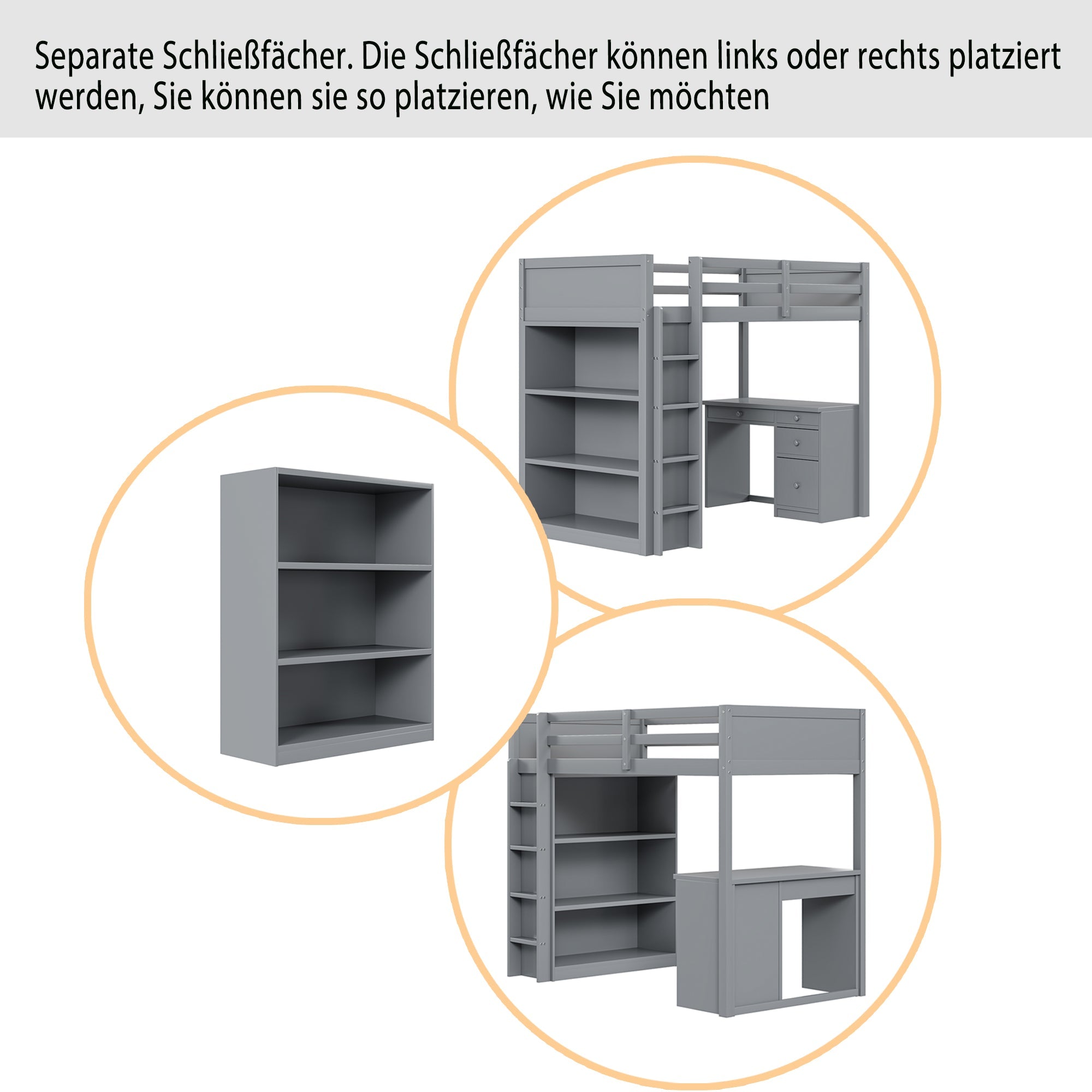 Logidon loft bed 90x200 cm gray wood with storage and desk