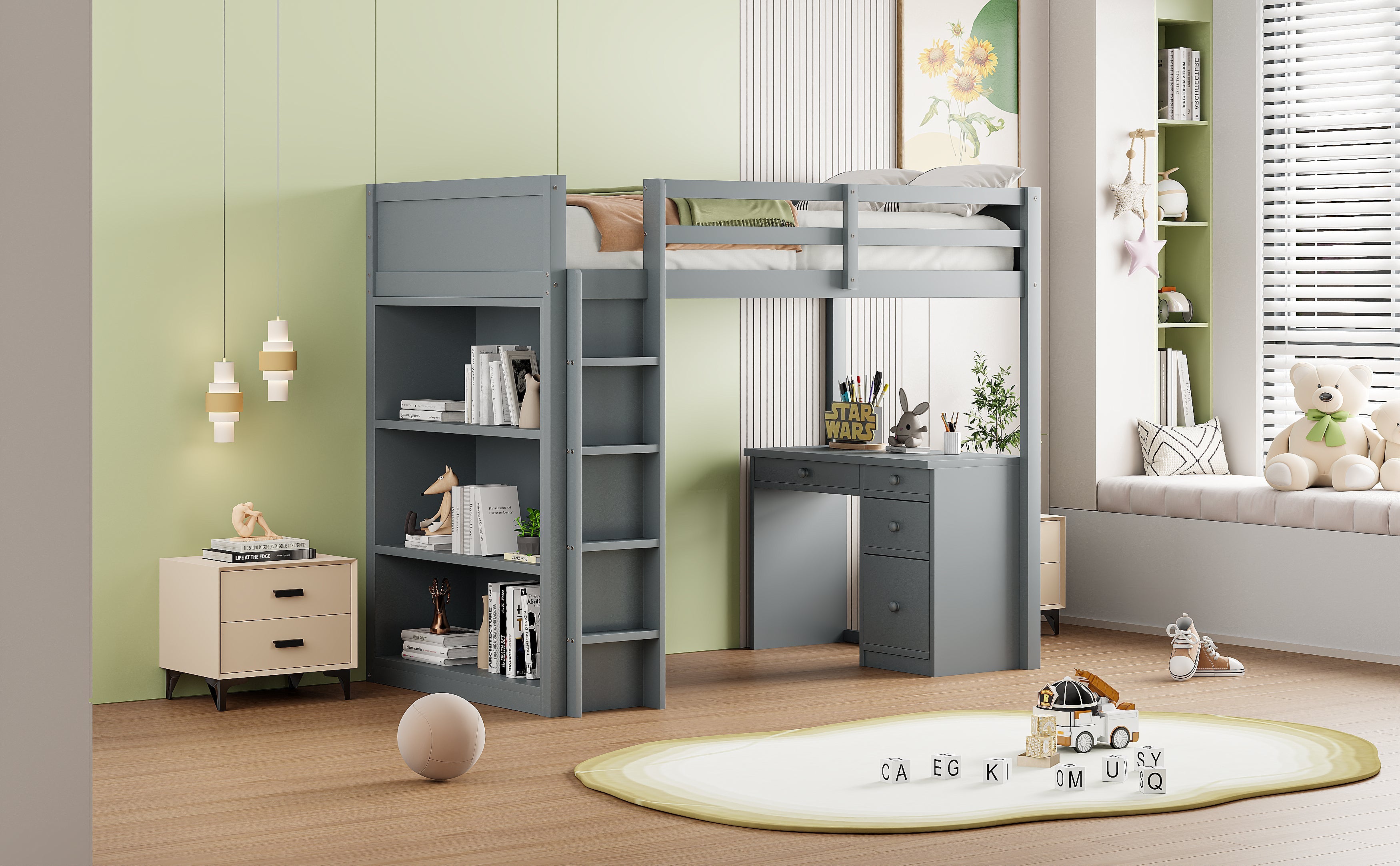 Logidon loft bed 90x200 cm gray wood with storage and desk