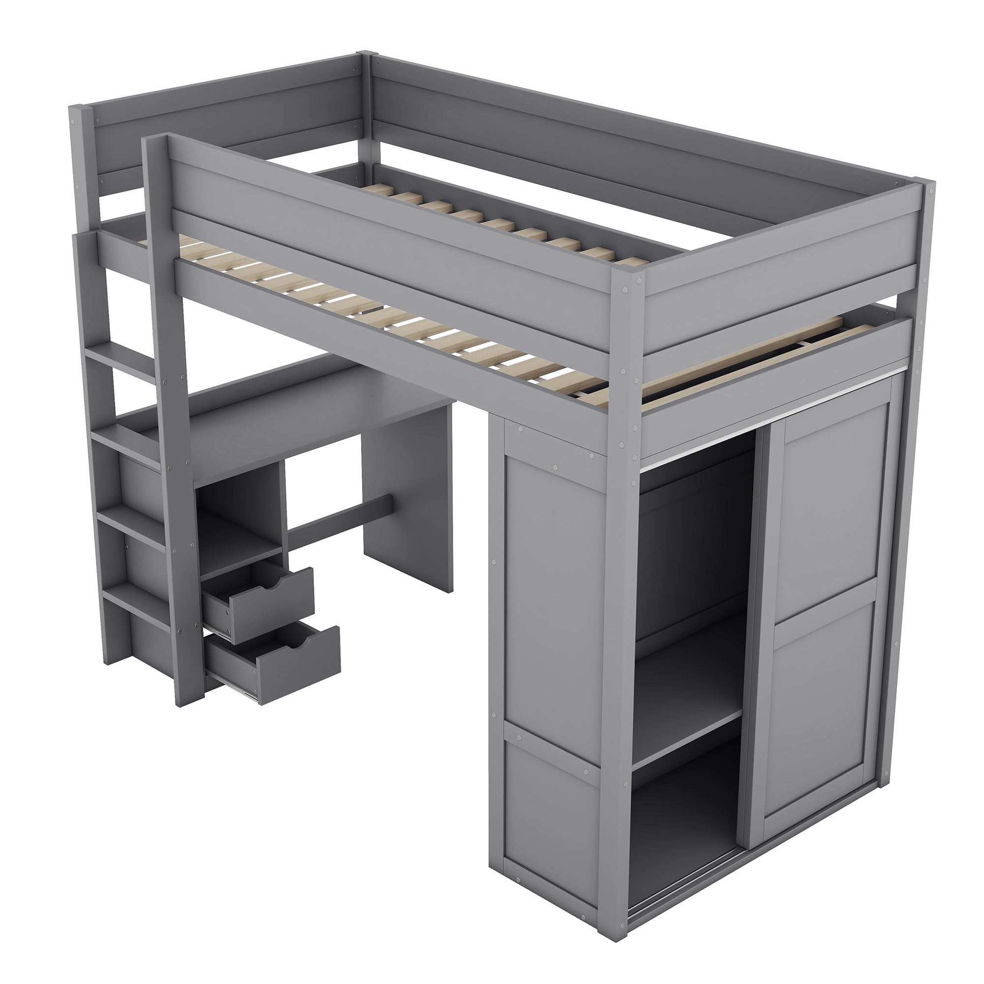 Logidon hoogslaper 90x200 grijs met kledingkast en bureau