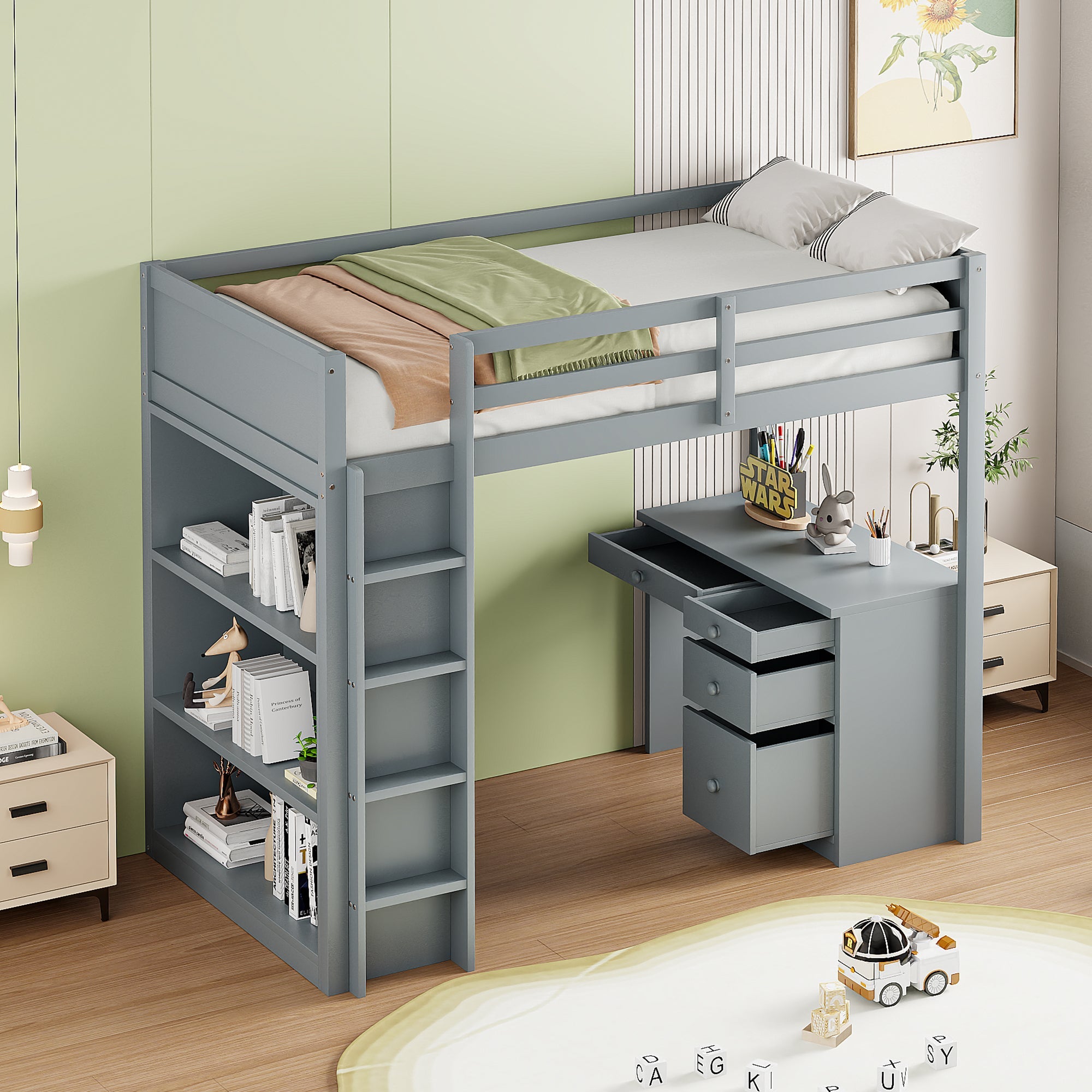 Logidon loft bed 90x200 cm gray wood with storage and desk