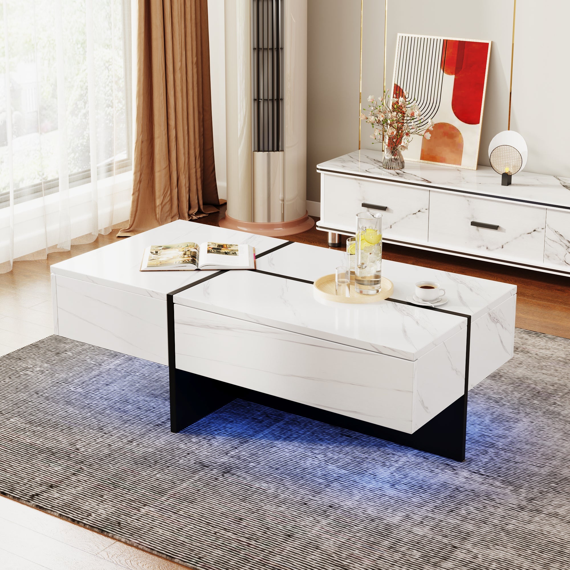 Logidon Hoogglans Salontafel Wit Imitatie Marmer Met App Verlichting