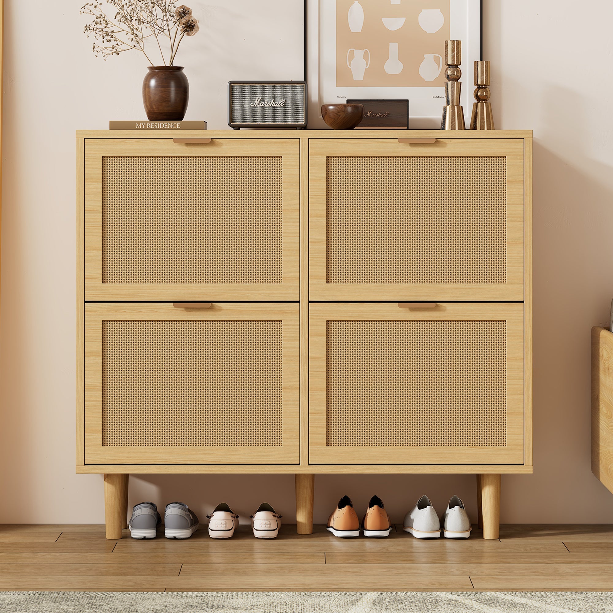 Logidon Shoe Cabinet Four Folding Drawers Rattan Light Oak 100x25x90