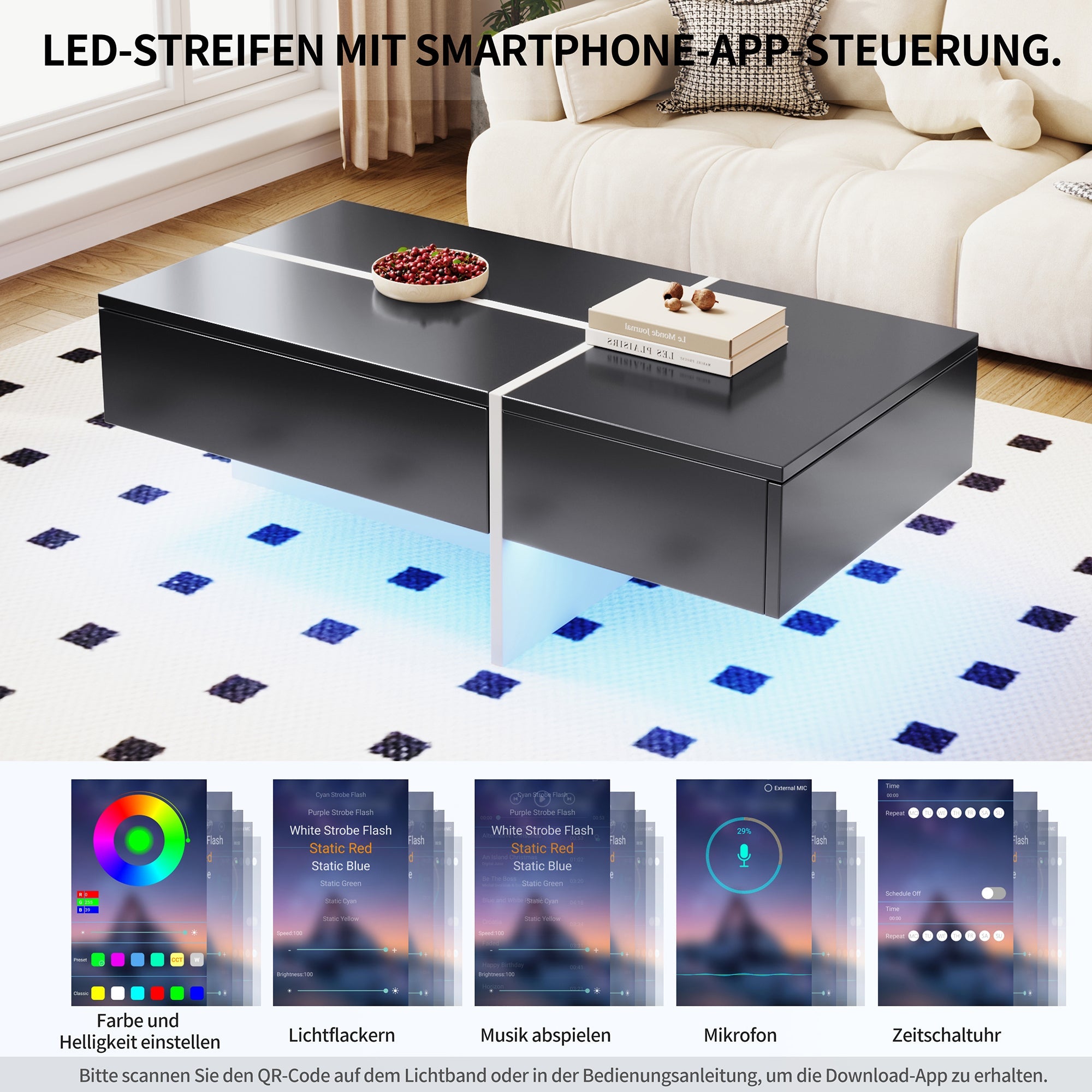 Logidon Hoogglans Salontafel Zwart en Wit Colorblock App-gestuurd